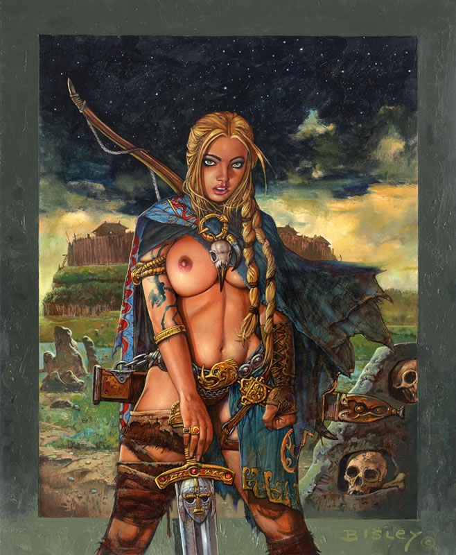 anglo_saxon blonde blonde_female blonde_hair blonde_hair_female bone bow cape chainmail chainmail_panties england ethelfleda history leather light-skinned_female light_skin one_breast_out one_breast_out_of_clothes one_breast_visible royalty scabbard simon_bisley skull sword tagme