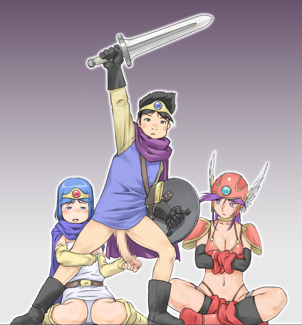 bikini_armor censored clothing dragon_quest dragon_quest_iii dress handjob hero_(dq3) makochin panties roto sage_(dq3) soldier_(dq3) tagme