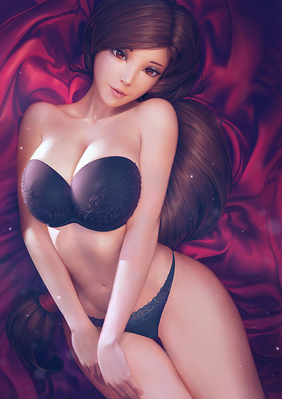 bedroom_eyes black_lingerie black_underwear bra brown_eyes brown_hair brunette cleavage dark_brown_hair final_fantasy final_fantasy_vii hands_on_thigh huge_breasts lingerie long_hair loving_look lying_on_back lying_on_bed misuart seductive seductive_smile strapless_bra thong tifa_lockhart very_long_hair