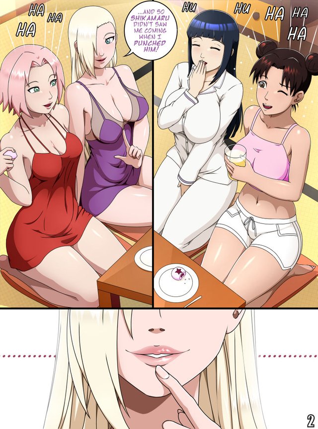 4girls, blonde hair, breast size difference, breasts, brown eyes, clothed female, comic, curvy, dark blue hair, eating, english text, female, female only, food, green eyes, haruno sakura, human, hyuuga hinata, ino yamanaka, large breasts, laughing, medium breasts, multiple females, multiple girls, naruto, naruto (series), naruto shippuden, page 2, pink hair, sakura haruno, shorts, smile, stormfeder, tenten, text, voluptuous, yamanaka ino