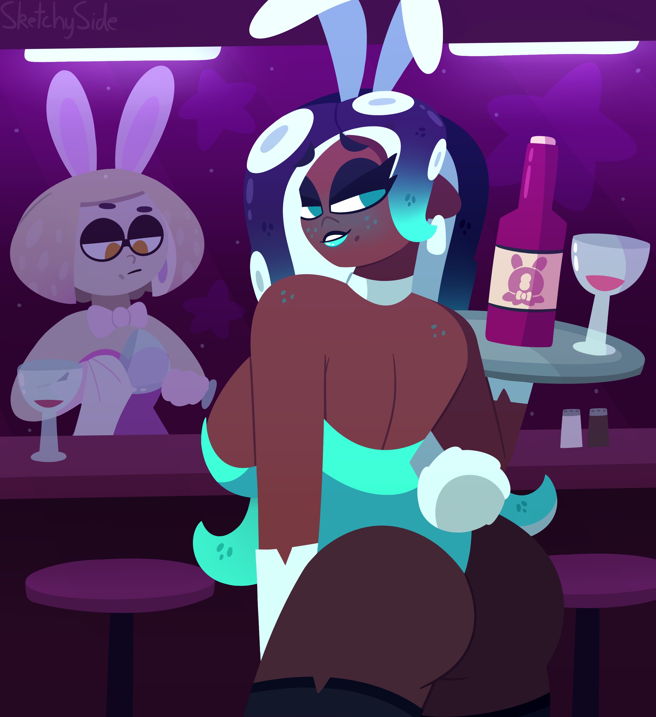 2girls, ass, beauty mark, big ass, big breasts, boots, bowtie, breasts, bunny ears, bunny girl, bunny tail, bunnysuit, cephalopod, cephalopod humanoid, collar, dark skin, dark-skinned female, digital media (artwork), eyelashes, eyewear, female, freckles, gloves, gold eyes, green eyes, half-closed eyes, humanoid, lipstick, looking at viewer, makeup, marina (splatoon), multicolored hair, multiple females, multiple girls, nintendo, pearl (splatoon), playboy bunny, seductive, seductive look, seductive smile, splatoon, splatoon 2, tentacle, tentacle hair, thesketchyside, waitress, wine, wine bottle, wine glass
