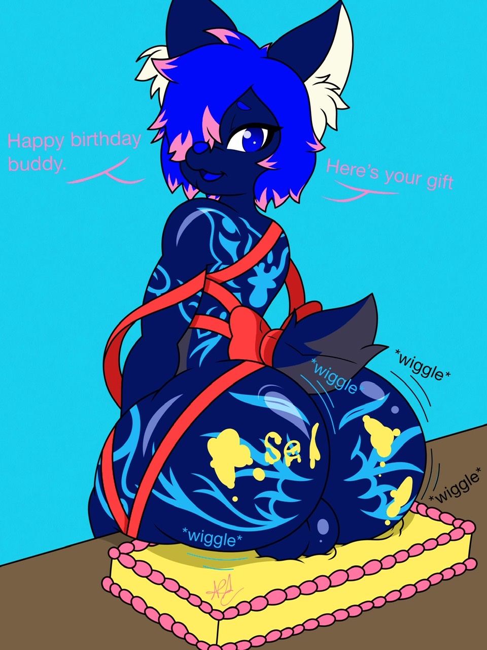 3:4 anthro ass balls big_balls big_butt birthday birthday_cake blue_body blue_eyes blue_hair cake cake_sitting canid canine canis digital_media_(artwork) english_text excited fan_character femboy food food_fetish food_play fur furniture genitals girly hair happy_birthday hi_res huge_butt jiggle looking_at_viewer male mammal markings messy multicolored_hair naughty_face nr_ac nude ribbons shaking shaking_butt simple_background smile solo table text thick_thighs tongue twerking two_tone_hair wiggle wolf