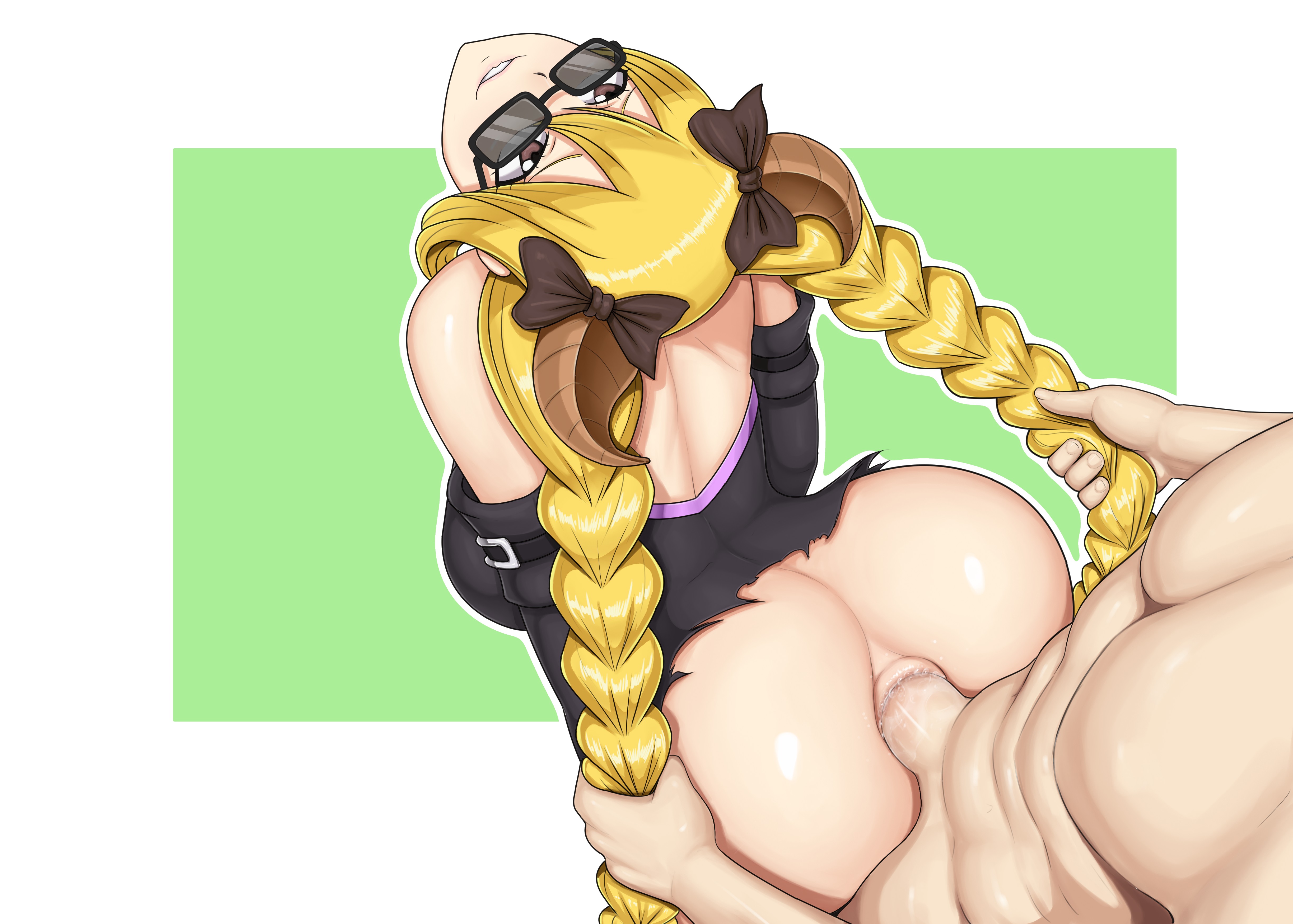 1boy, 1girls, absurdres, anal, anus, ass, back, blonde hair, blonde-haired female, bottomless, brown eyes, clothed female nude male, cum, cum in anus, cum in ass, cum inside, demon, demon girl, demon horns, doggy style, enenra, fairy tail, female, female focus, glasses, hair ornament, high resolution, highres, horns, looking at another, looking over eyewear, looking over glasses, looking up, lucy heartfilia, male, naughty face, no panties, penetration, penis, sex, smile, succubus, sunglasses, tied hair, tinted eyewear, twintails, uncensored