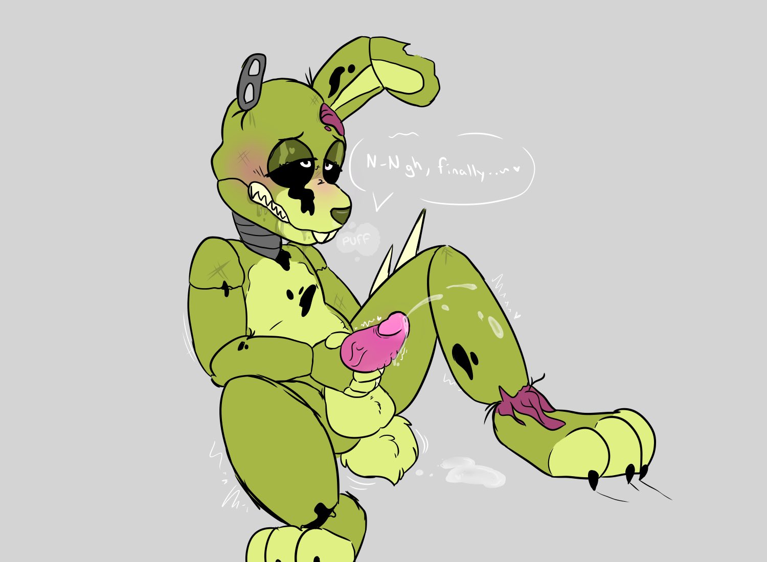 1boy, 3 toes, 4 fingers, balls, blush, buckteeth, bunny, cum, cum on penis, cumming, cumshot, english text, eyes rolling back, five nights at freddy's, freddy fazbear's pizzeria simulator, furry, gay, grey background, holding penis, male, male only, masturbation, orgasm, penile masturbation, penis, scraptrap, solo, solo male, springtrap, springtrap (fnaf), text, touching penis, william afton