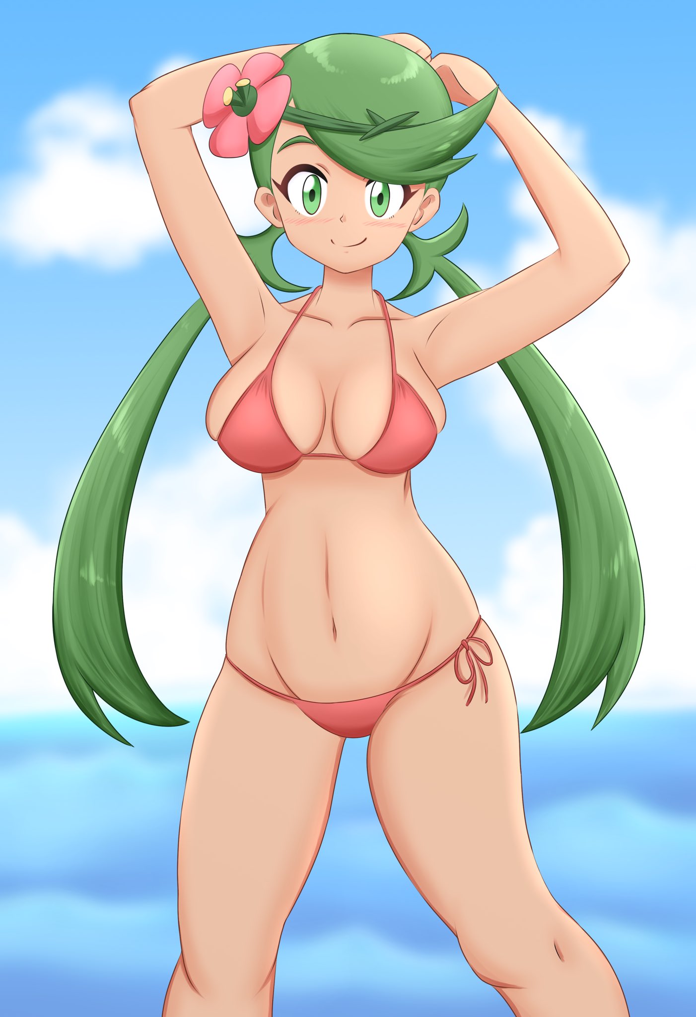 1girls ass eye_contact female female_only flower flower_in_hair green_eyes green_hair high_resolution kiteman442 looking_at_viewer looking_back mallow_(pokemon) nintendo pokemon pokemon_sm solo thick_thighs thighs twintails