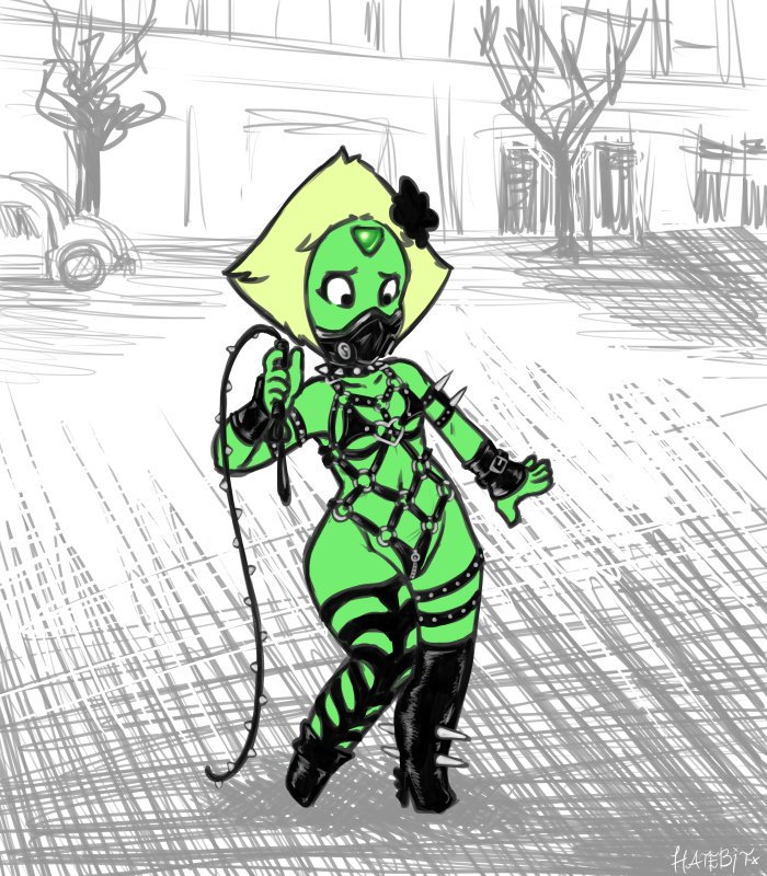 bdsm collar cosplay crossover female female_only gem gem_(species) green_skin hair_ornament hatebit heels kaijin_hime_do-s_(cosplay) looking_down mask one-punch_man peridot_(steven_universe) revealing spikes steven_universe thighhighs whip yellow_hair