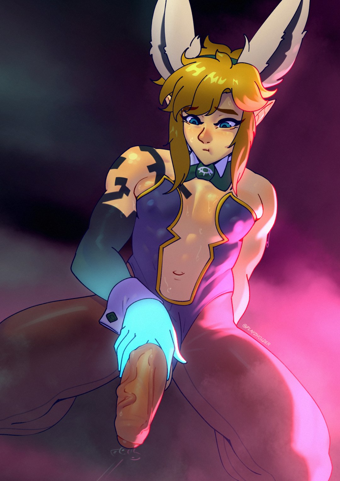 1boy blonde_hair bunny_ears bunny_ears_(cosmetic) bunnysuit detached_collar femboy foreskin hi_res kneeling link link_(tears_of_the_kingdom) male male_only neck_ribbon nintendo nipple_bulge pantyhose penis penis_grab playzholder pointy_ears precum precum_leaking solo tears_of_the_kingdom the_legend_of_zelda veiny_penis wrist_cuffs