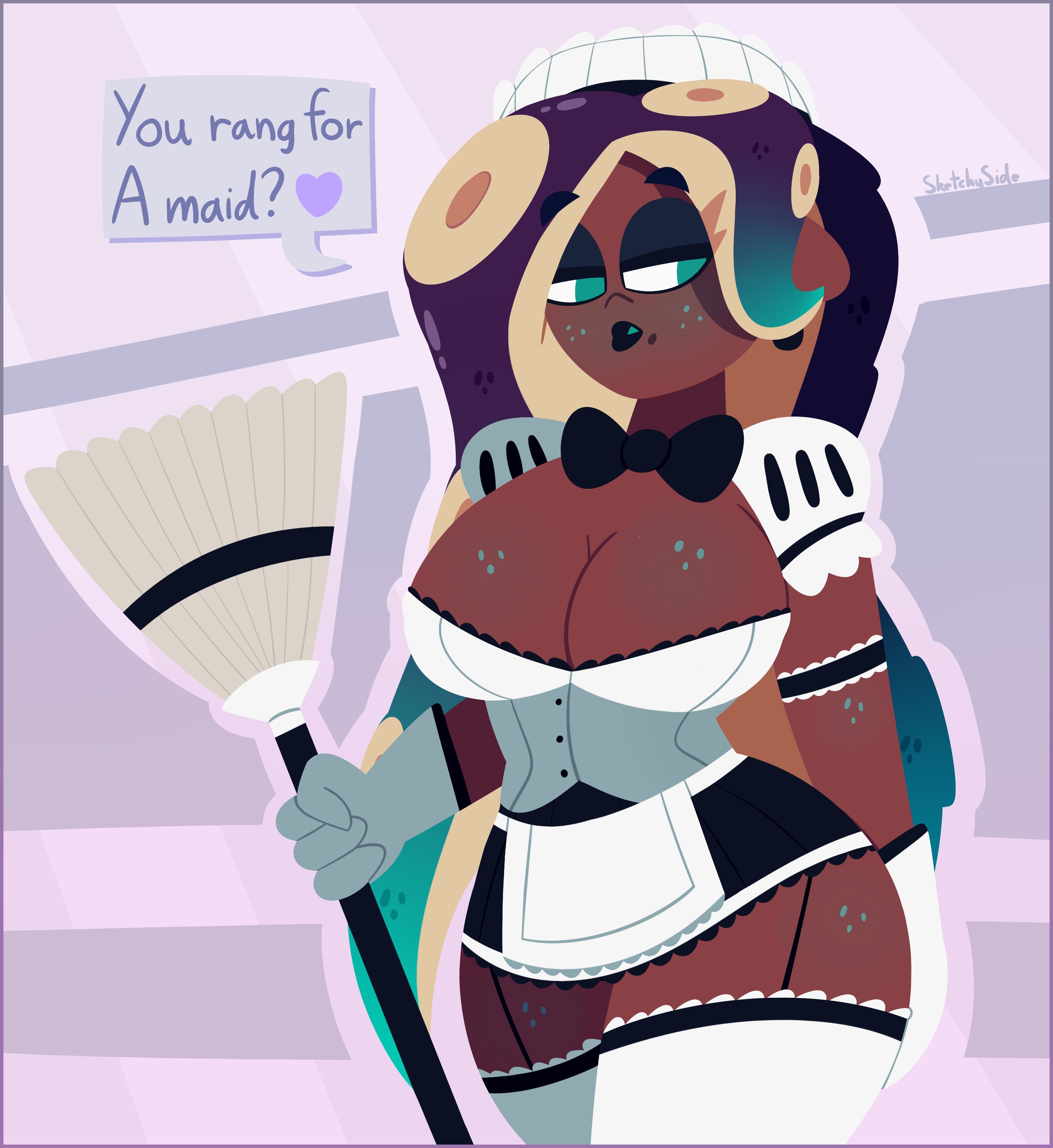 1girls, big breasts, black lipstick, bowtie, breasts, broom, cephalopod, cephalopod humanoid, dark skin, dark-skinned female, digital media (artwork), eyewear, female, female only, freckles, gloves, green eyes, half-closed eyes, humanoid, legwear, lipstick, looking at viewer, maid, maid headdress, maid uniform, makeup, marina (splatoon), multicolored hair, nintendo, octoling, seductive, seductive look, simple background, solo, splatoon, splatoon 2, tentacle, tentacle hair, text, text bubble, thesketchyside, thick thighs, thighhighs