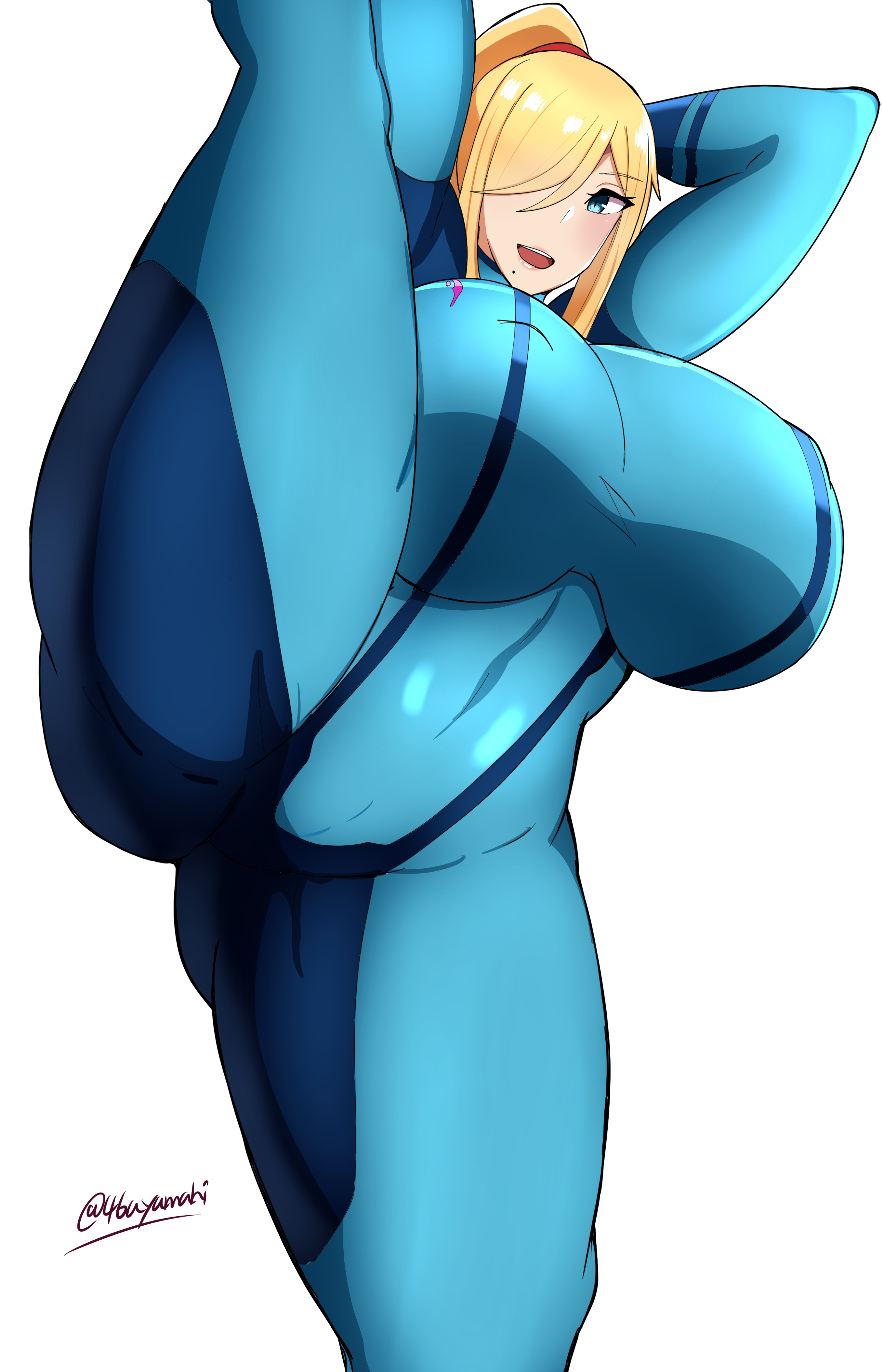 1girls, alternate breast size, ayamahi, big breasts, blonde hair, blue eyes, breasts, breasts bigger than head, eye contact, female, huge breasts, huge thighs, large breasts, leg up, light skin, light-skinned female, long hair, looking at viewer, metroid, nintendo, pale skin, pale-skinned female, ponytail, samus aran, thick thighs, white background, wide hips, zero suit, zero suit samus