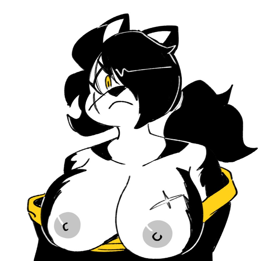 2020 anaugi angry big_breasts black_fur black_hair breasts breasts_out cat_humanoid catgirl clothing_aside clothing_pull digital_media_(artwork) exposed_breasts eyelashes feline feline_humanoid female female_focus female_only frown grey_nipples hachimitsu hair hair_over_one_eye looking_at_viewer mammal mammal_humanoid muscular muscular_female nipples ponytail robe scar scar_across_eye scars white_background yellow_eyes