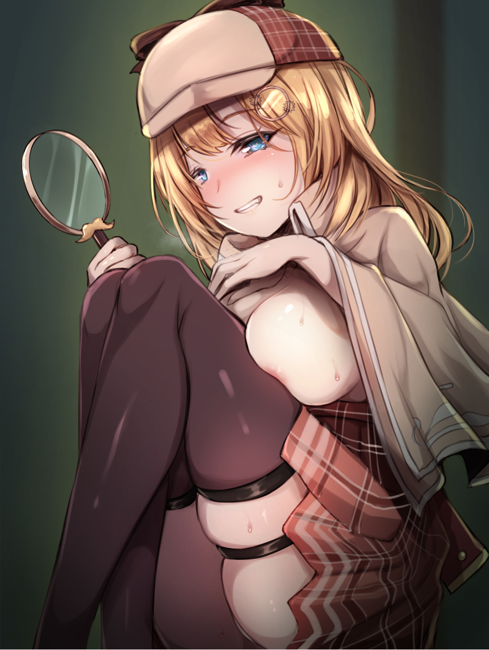 1girls blush breasts breasts_out clothing deep_skin deerstalker deerstalker_hat detective female grin hat headwear holding_object hololive hololive_english hololive_myth human jacket magnifying_glass monocle monocle_hair_ornament plaid_skirt red_skirt skindentation skirt smile solo_female sweat thick_thighs thigh_squeeze thighhighs virtual_youtuber watson_amelia