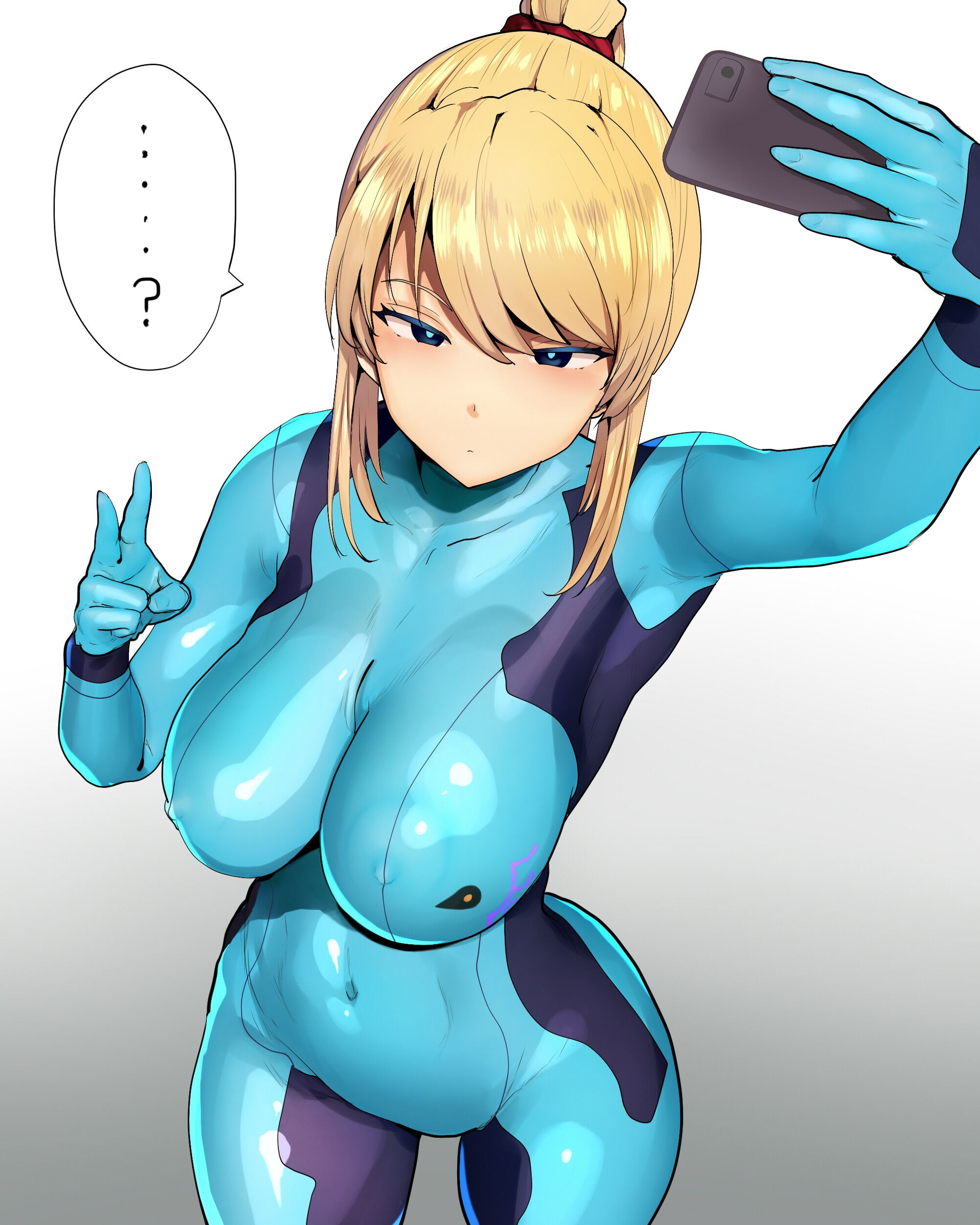 1girls, abs, artist request, big breasts, breasts, clothed, female, female only, long hair, metroid, nintendo, samus aran, skin tight, solo, zero suit, zero suit samus