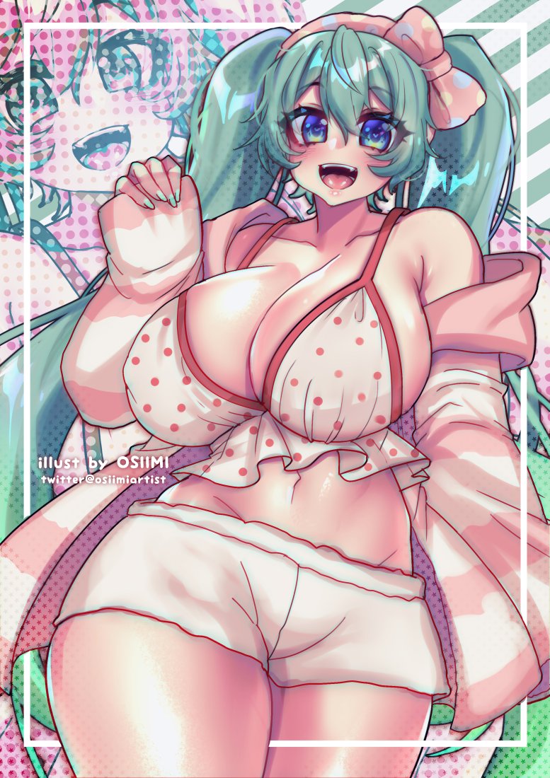 1girl, alternate breast size, alternate costume, aqua hair, big breasts, blue eyes, blush, bow, breasts, cleavage, curvaceous, curvy, curvy figure, female, hair bow, hairbow, hatsune miku, huge breasts, long hair, looking at viewer, midriff, navel, open mouth, osiimi, polka dot, shorts, smile, solo, thick thighs, thighs, twintails, very long hair, vocaloid