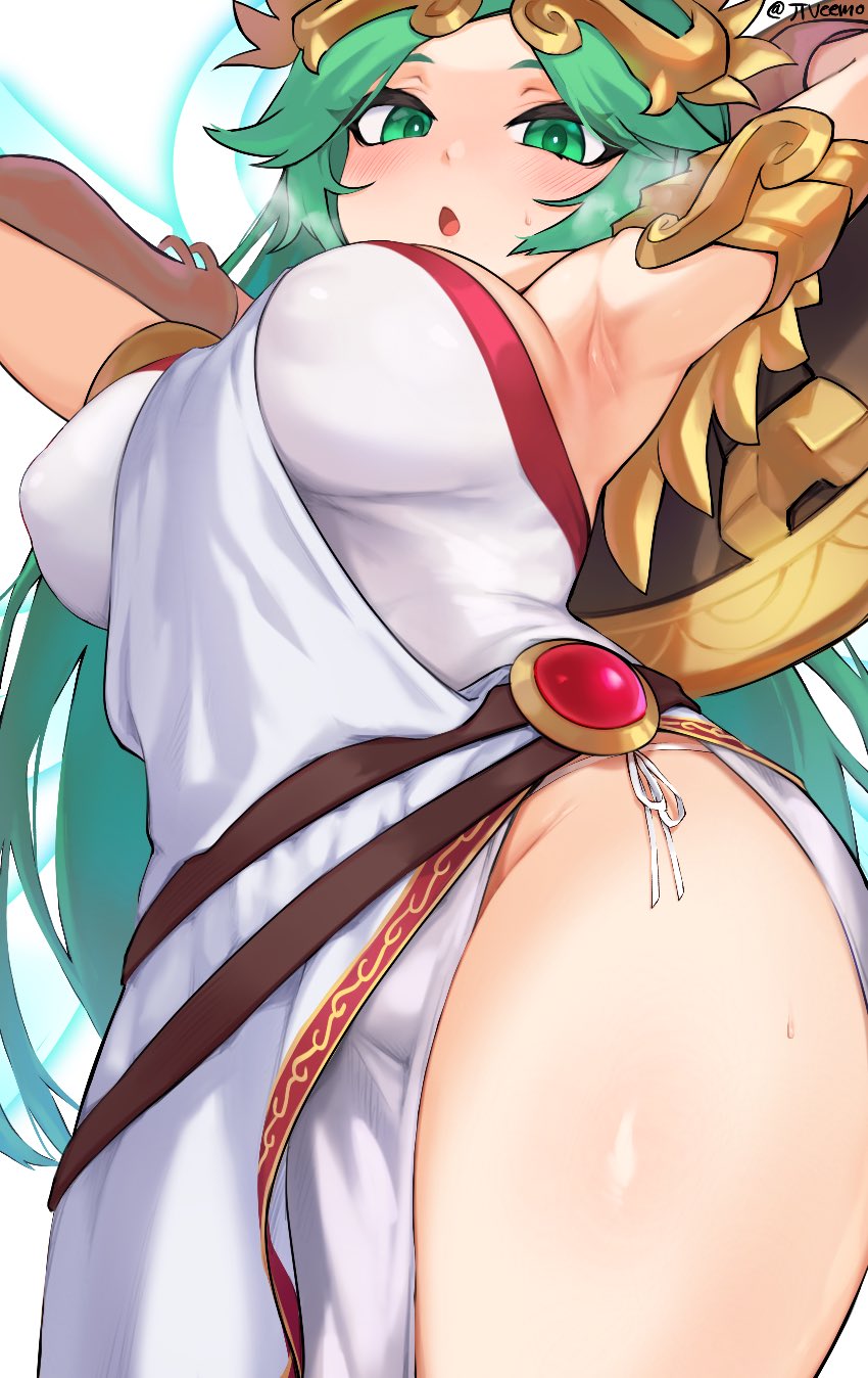 1girls, armpits, big breasts, breasts, cleavage, female, female only, green hair, jtveemo, kid icarus, large breasts, looking at viewer, nintendo, palutena, solo, thick thighs, wide hips