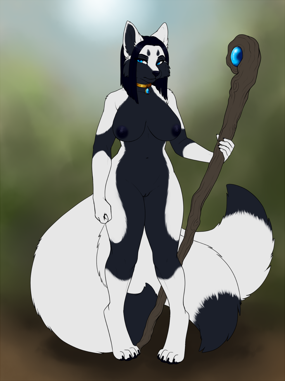 2020 3:4 4_toes 5_fingers ajna anthro areola black_body black_fur black_hair blue_eyes breasts canid canine digital_media_(artwork) female fingers fox fur genitals hair hi_res mammal multi_tail nipples pussy solo toes white_body white_fur