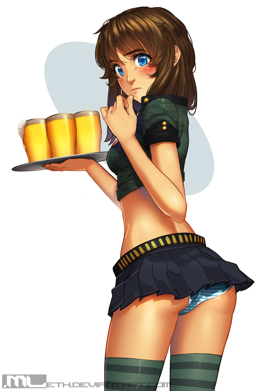 1girl 1girls alcohol alcohol_bottles alcoholic_beverage alcoholic_drink beer beer_mug blouse blue_eyes blue_eyes_female blushed blushed_face blushed_female blushing blushing_at_viewer blushing_female brooke_(mathias_leth) brown_hair brown_hair_female carrying_object drinking_glass drinks female female_only fully_clothed green_shirt green_socks light-skinned_female light_skin long_socks mathias_leth miniskirt panties panty_peek revealing_clothes short_shirt short_skirt skirt stockings stripped_socks thigh_highs thigh_socks thighhighs underskirt white_female white_girl