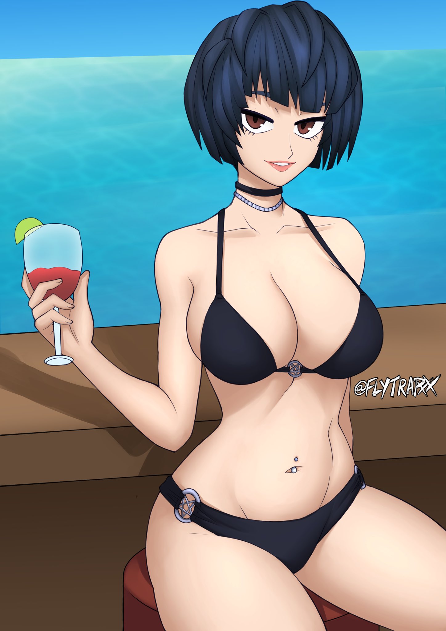 1girls, big breasts, bikini, blue hair, breasts, brown eyes, busty, choker, cleavage, dark blue hair, female, female only, flytrapxx, holding object, large breasts, lipstick, looking at viewer, navel, navel piercing, persona, persona 5, sensual, short hair, smile, solo, tae takemi, wine, wine glass