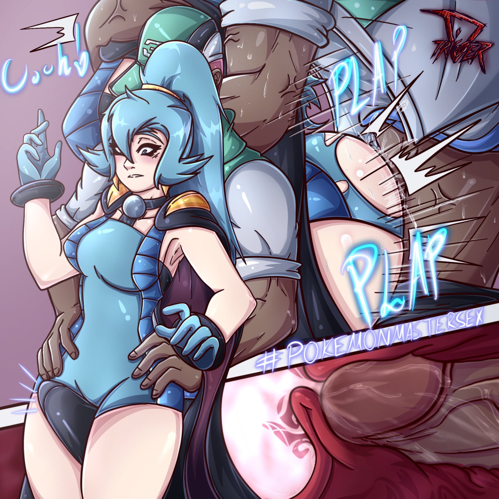 1boy, 1girls, big breasts, breasts, clair (pokemon), dark skin, dark-skinned male, doggy style, female, from behind, from behind position, light skin, light-skinned female, long hair, male, nintendo, nipples, pokemon, pokemon gsc, pokemon hgss, sex, straight, stylishdtimrigger, thigh sex
