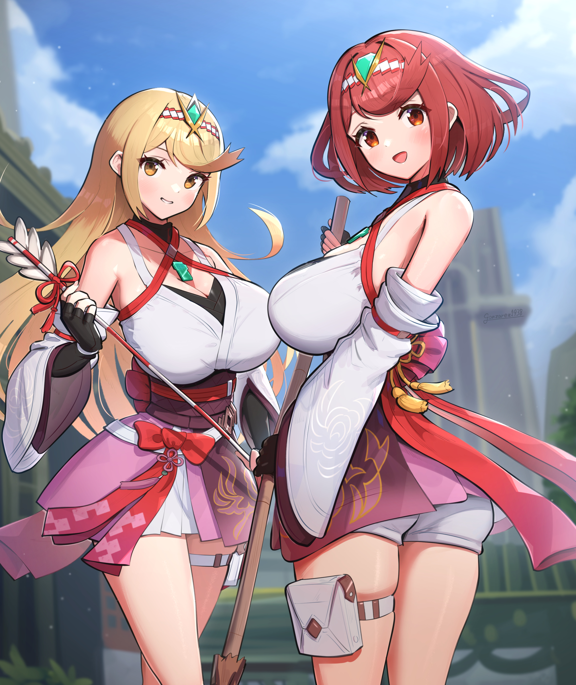 2girls, absurd res, bare shoulders, black gloves, blonde hair, blush, breasts, busty, core crystal, curvy, female, female only, fingerless gloves, glimmer (xenoblade) (cosplay), gloves, gonzarez, highres, hourglass figure, japanese clothes, kimono, large breasts, looking at viewer, looking back, monolith soft, mythra, nintendo, pink kimono, pyra, red eyes, red hair, slim waist, thick thighs, thighs, white kimono, wide hips, xenoblade (series), xenoblade chronicles 2, xenoblade chronicles 3, xenoblade chronicles 3: future redeemed, yellow eyes