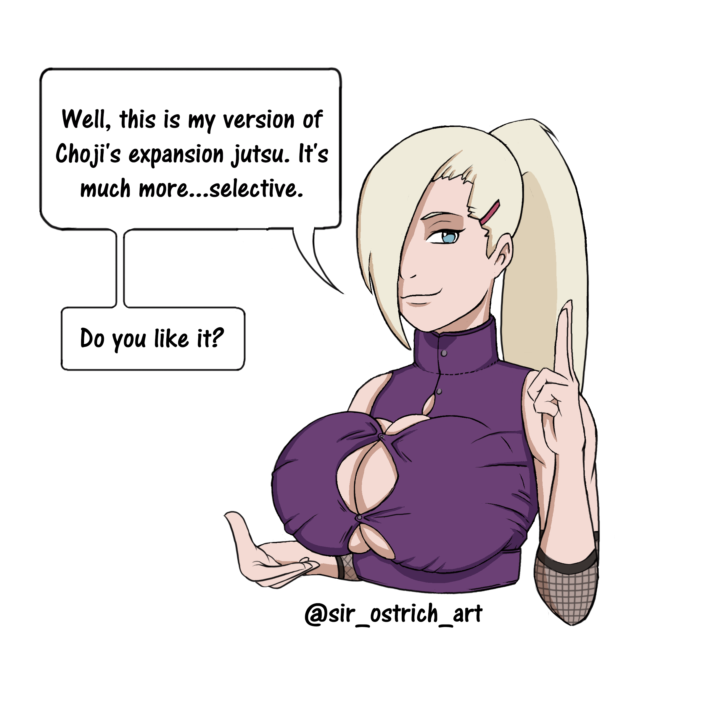 1girls, alternate breast size, big breasts, blonde hair, blue eyes, breasts, expansion, female, female only, fishnets, hair over one eye, huge breasts, imminent exposure, ino yamanaka, long hair, naruto, naruto (series), naruto shippuden, ponytail, simple background, smile, solo, solo female, speech bubble, talking, talking to viewer, text, tied hair, upper body, white background