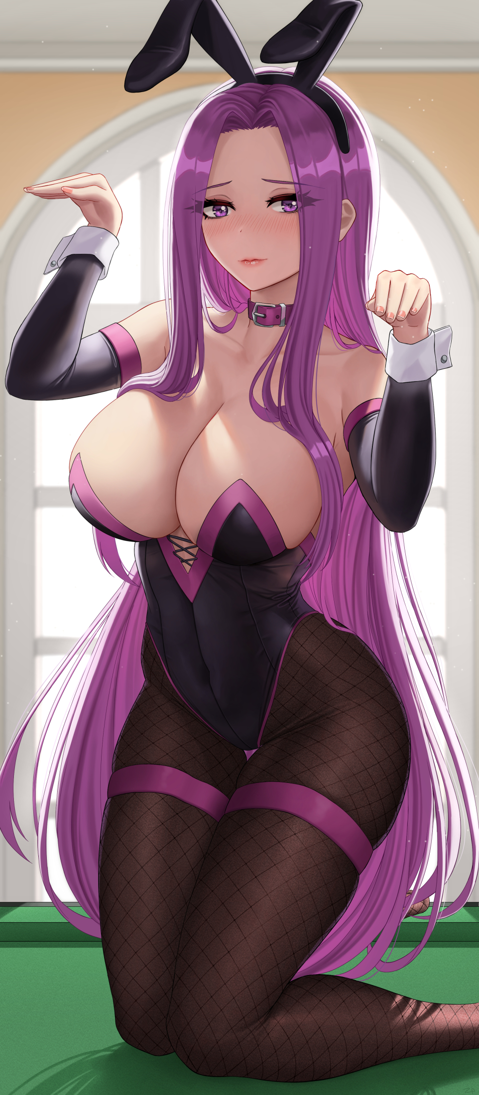 1girls, animal ears, backlighting, bangs, bare shoulders, big breasts, black leotard, blush, breasts, bunny ears, bunnysuit, cleavage, closed mouth, collar, collarbone, covered navel, curvy, detached sleeves, fate (series), fate/stay night, female, female focus, female only, fishnet legwear, fishnet pantyhose, fishnets, forehead, highleg, highleg leotard, highres, kneeling, large breasts, leotard, long hair, looking at viewer, matching hair/eyes, medusa (fate), pantyhose, parted bangs, paw pose, purple eyes, purple hair, sidelocks, solo, strapless, strapless leotard, thick thighs, thigh strap, thighs, very long hair, window, wrist cuffs, zaphn