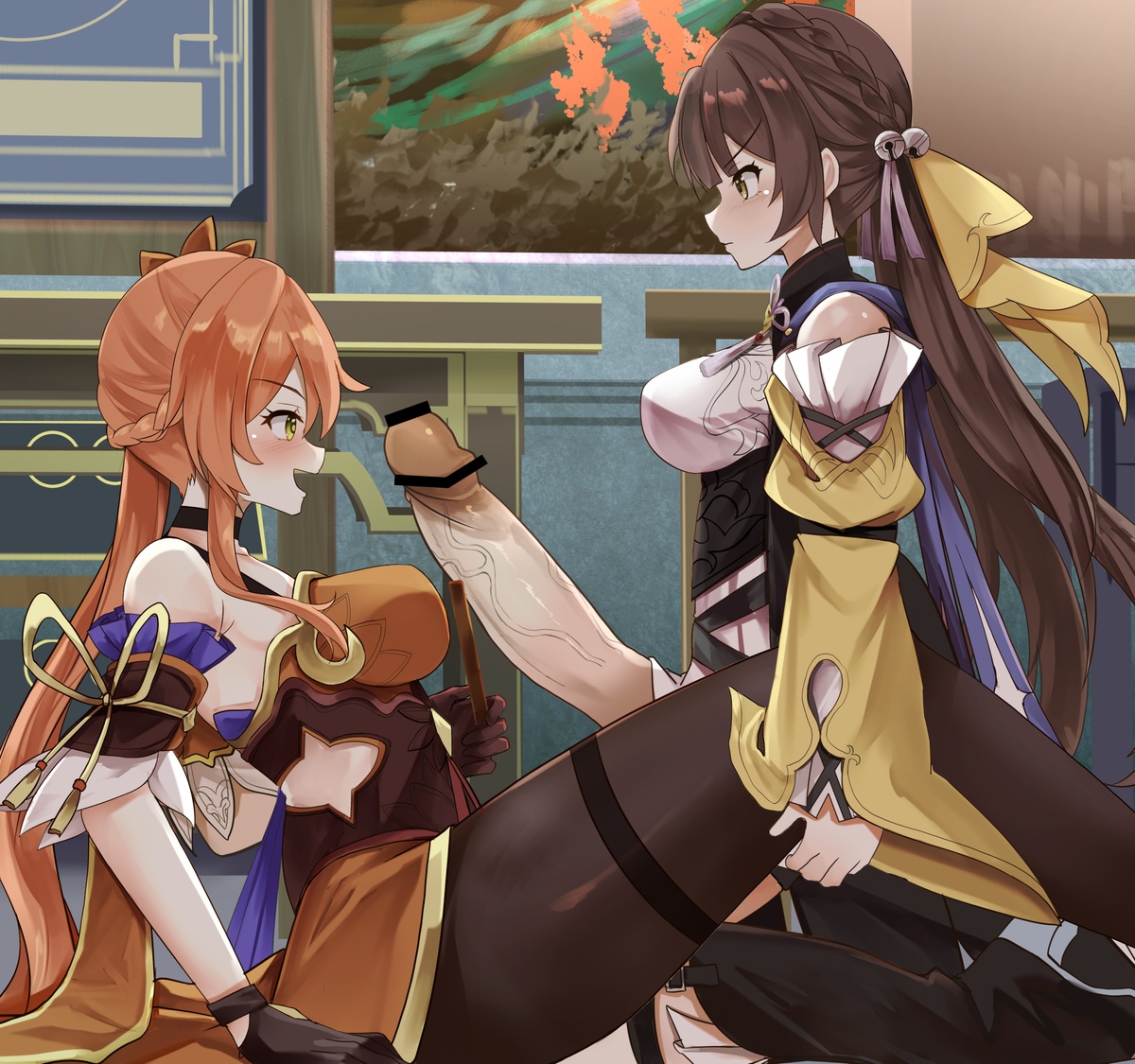 1futa, 1girls, bar censor, breasts, brown hair, censored, clothed, clothing, detailed background, erection, female, female focus, futanari, guinaifen (honkai: star rail), honkai (series), honkai: star rail, huge cock, human, intersex, light skin, light-skinned female, light-skinned futa, long hair, mostly clothed, penis, pink hair, side view, sushang (honkai: star rail), zad orein