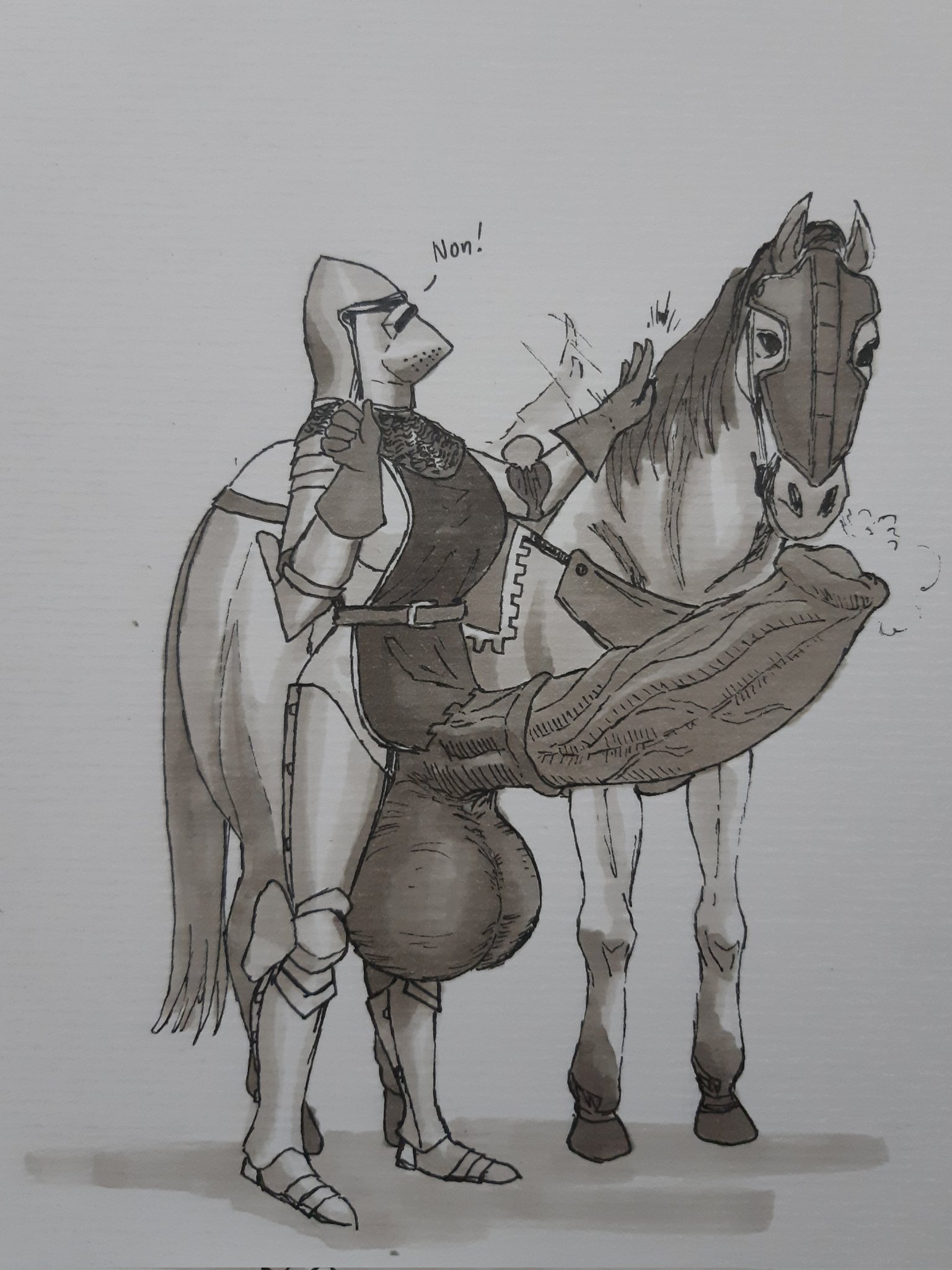 1futa, 2022, armor, armored horse, balls, big breasts, breasts, clothed, clothing, dialogue, erection, futa only, futanari, greyscale, horse, human, hyper balls, hyper penis, intersex, knight, monochrome, partially clothed, penis, renasanse, solo, standing, text