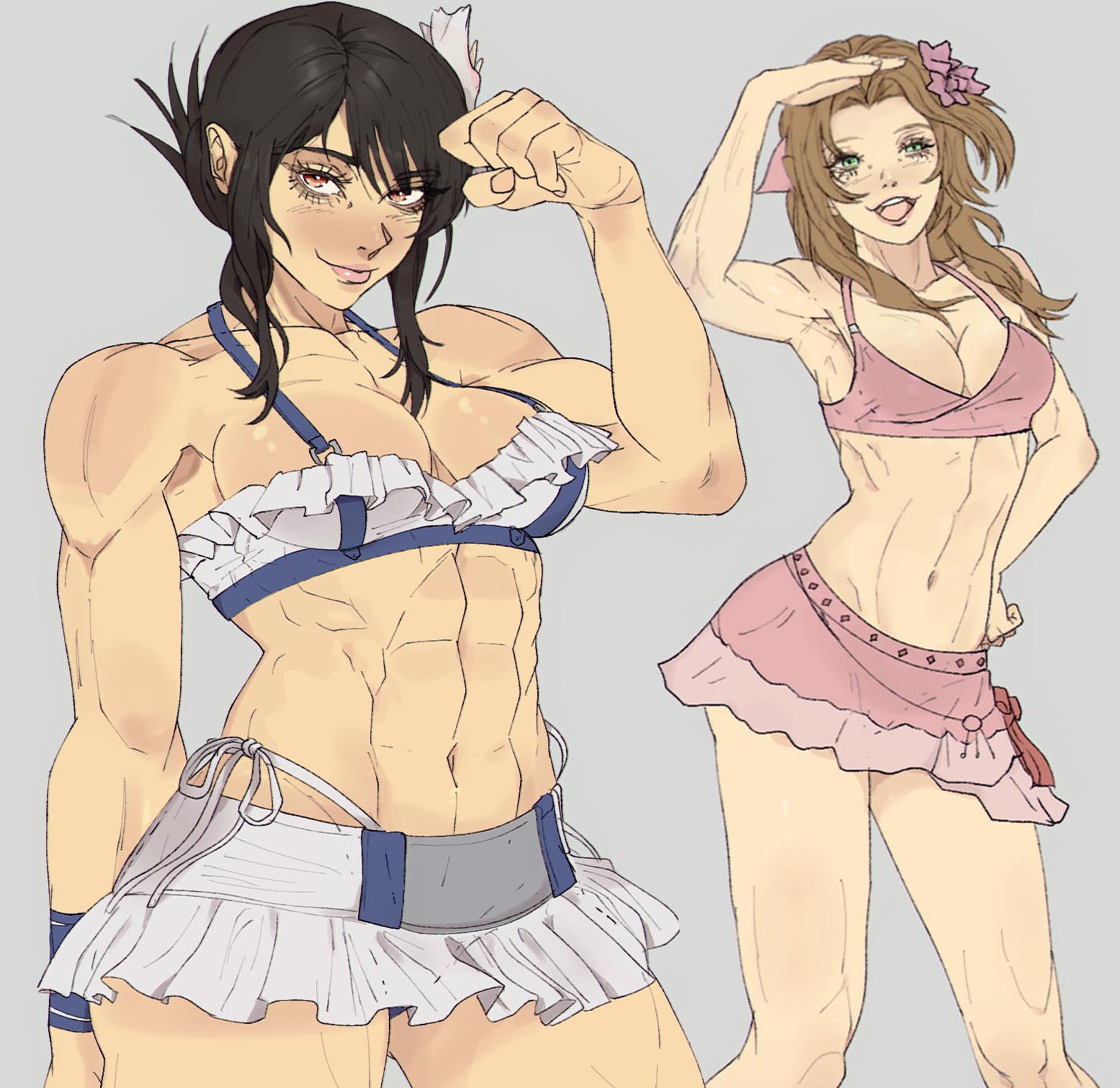 2girls, aerith gainsborough, aerith gainsborough (pink mermaid), bikini, female, female only, final fantasy, final fantasy vii, final fantasy vii remake, multiple females, multiple girls, muscular, muscular female, tifa lockhart, tifa lockhart (shining spirit), yoracrab