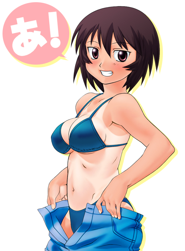 1girls, azumanga daiou, bikini, breasts, busty teenager, female, high school student, kagura (azumanga daiou), pants, pulling down pants, pulling pants down, ryunosuke (tomokazu), short hair, smiling, smiling at viewer, swimsuit, taking clothes off, tanline, tanned, tanned female, teenage female, teenager, tomboy, unbuttoned pants, undressing, white background