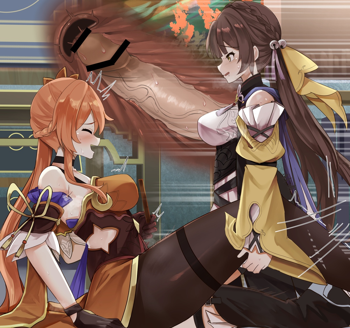 1futa, 1girls, bar censor, breasts, brown hair, censored, cervix, clothed, clothing, cross section, detailed background, erection, female, female focus, futa on female, futanari, guinaifen (honkai: star rail), honkai (series), honkai: star rail, huge cock, human, intersex, light skin, light-skinned female, light-skinned futa, long hair, mostly clothed, penis, pink hair, pussy, sex, side view, sushang (honkai: star rail), uterus, vaginal penetration, zad orein