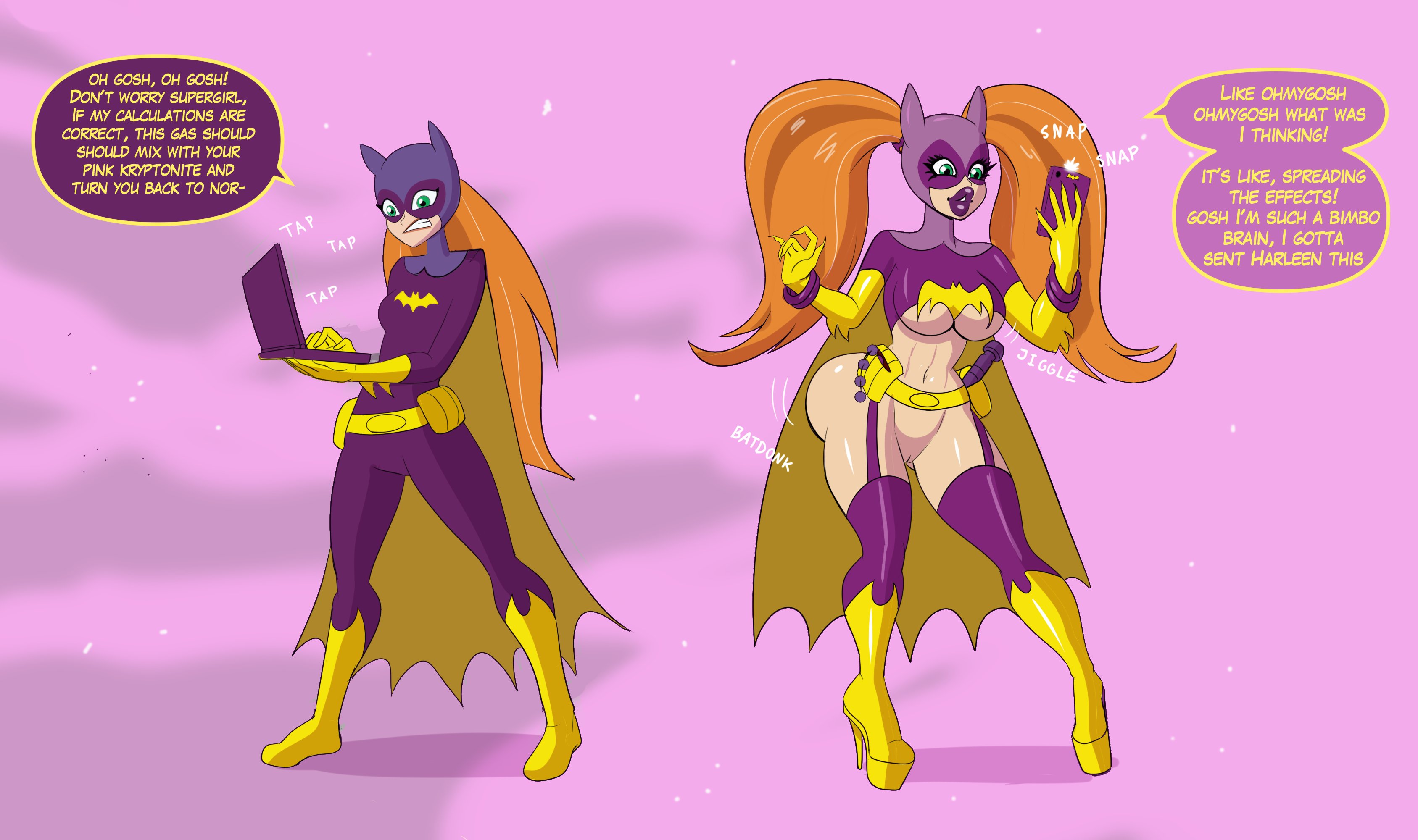 ., 1girls, annon, ass, ass expansion, barbara gordon, batgirl, batman (series), before and after, bimbo, bimbofication, brain drain, breast expansion, breast growth, breast growth (enlargement), breasts, dc, dc comics, dc super hero girls, dialogue, female, high heels, huge ass, huge breasts, lip expansion, lips, navel, orange hair, personality change, superheroine, thick lips, thick thighs, thigh expansion, transformation, twintails, wide hips