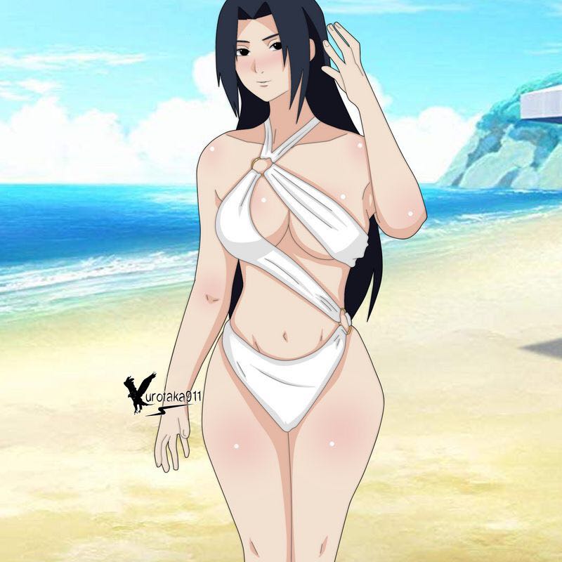 1girls, agung911, bare shoulders, beach, big breasts, black eyes, blue eyes, blush, breasts, cleavage, female, female only, long hair, looking at viewer, milf, naruto, naruto (classic), naruto (series), ocean, sand, smile, swimsuit, uchiha mikoto, water, wide hips