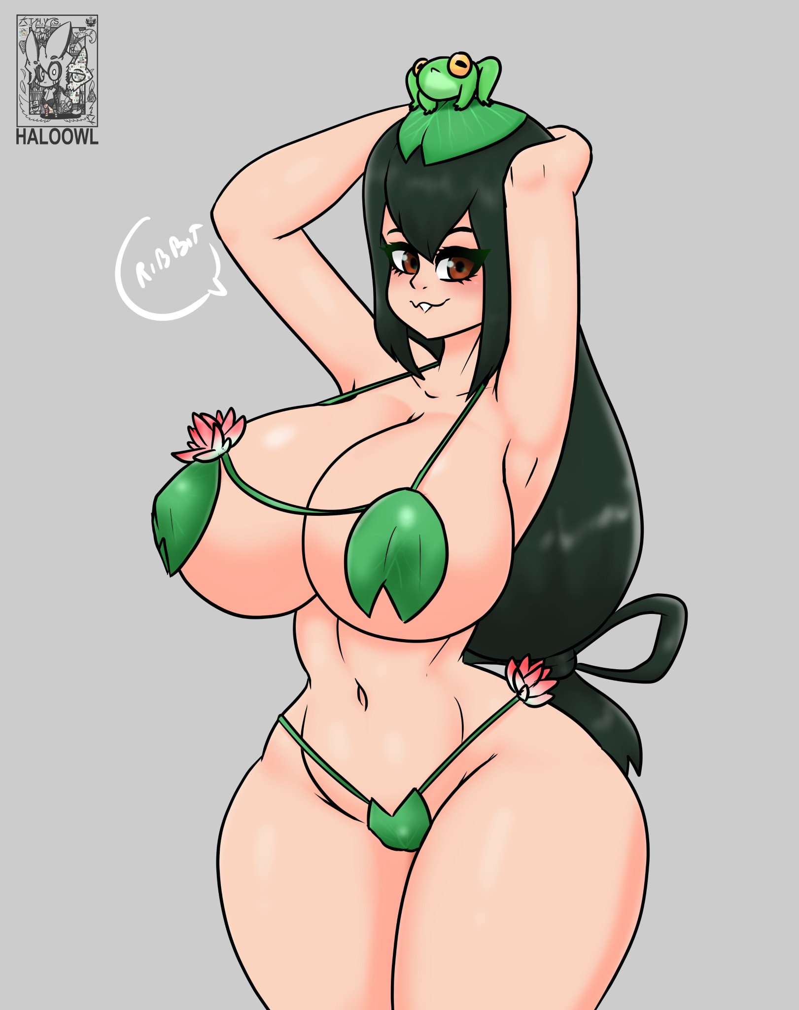 1girls, armpits, arms behind back, artist logo, artist name, ass, bikini, blush, breasts, brown eyes, child bearing hips, curvy, dark hair, erect nipples, exhibitionism, female, frog, hair ornament, haloowl, huge ass, huge breasts, lily pad, long hair, looking at viewer, micro bikini, my hero academia, nipples, ribbon, sling bikini, solo, solo female, text, thick thighs, tsuyu asui, underboob, voluptuous, wide hips