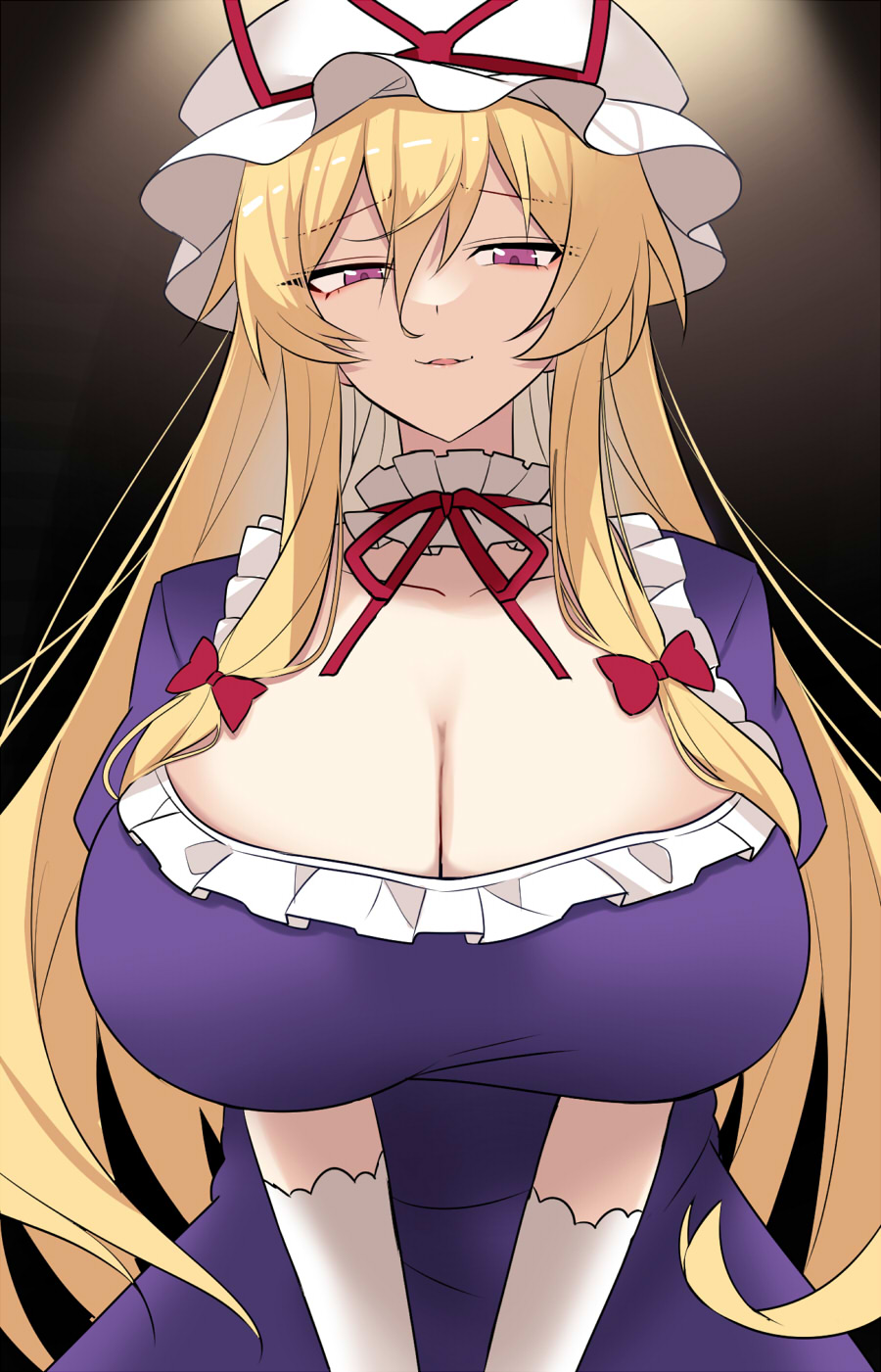 1girls big_breasts blonde_hair breasts cleavage collarbone dress e.o. female gloves hair_between_eyes hat hat_ribbon highres huge_breasts long_hair massive_breasts mature_female milf mob_cap open_mouth purple_dress purple_eyes red_ribbon ribbon short_sleeves smile solo touhou upper_body white_gloves white_headwear yakumo_yukari yukari_yakumo