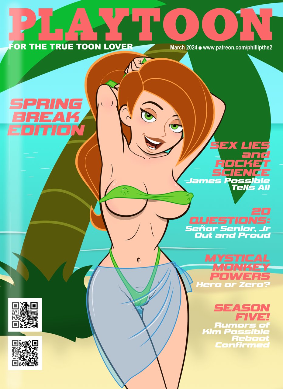 1girls belly_button big_breasts bikini cameltoe disney disney_channel english_text erect_nipples erect_nipples_under_clothes green_bikini green_eyes kim_possible kimberly_ann_possible long_hair looking_at_viewer magazine_cover micro_bikini navel nipple_bulge orange_hair partially_visible_vulva phillipthe2 playtoon pokies ponytail solo