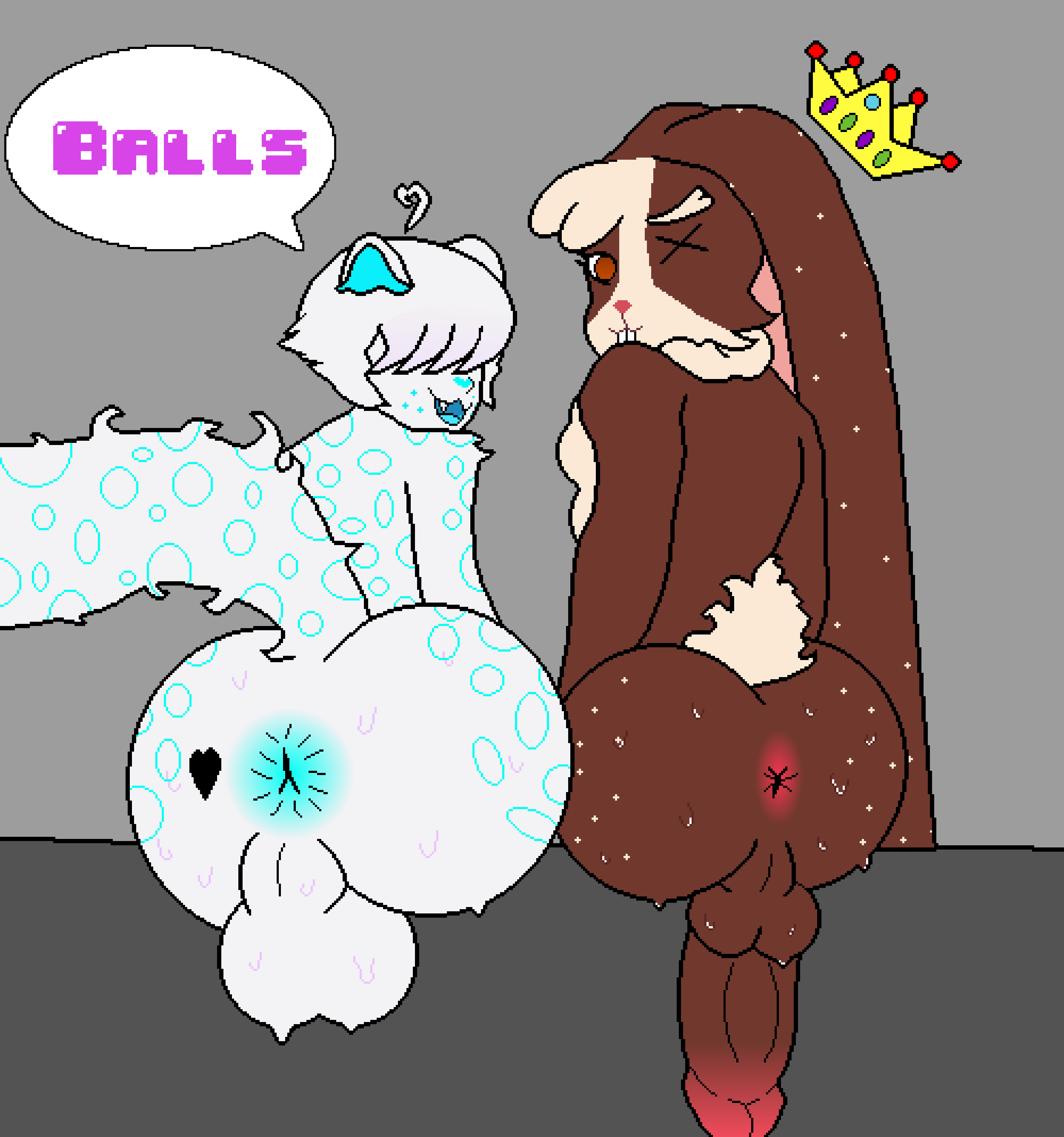 absurd_res anthro anus ass ass_to_ass backsack balls bangs big_balls big_butt big_penis bodily_fluids brown_body brown_fur chest_tuft cotton_tail cowlick crown digital_drawing_(artwork) digital_media_(artwork) duo english_text felid feline felis fur fur_markings genitals hair headgear hi_res huge_balls huge_butt huge_cock humanoid_genitalia kohi_(coffeez) kuri_(saskatoon_nu) lagomorph leopard leporid long_ears looking_at_viewer looking_back male male/male mammal markings multicolored_body multicolored_fur nude open_mouth pantherine penis perineum pixel_(artwork) rabbit rear_view saskatoon_nu simple_background smile snow_leopard steam sweat tail tattoo text tuft two_tone_body two_tone_fur white_body white_fur wide_hips