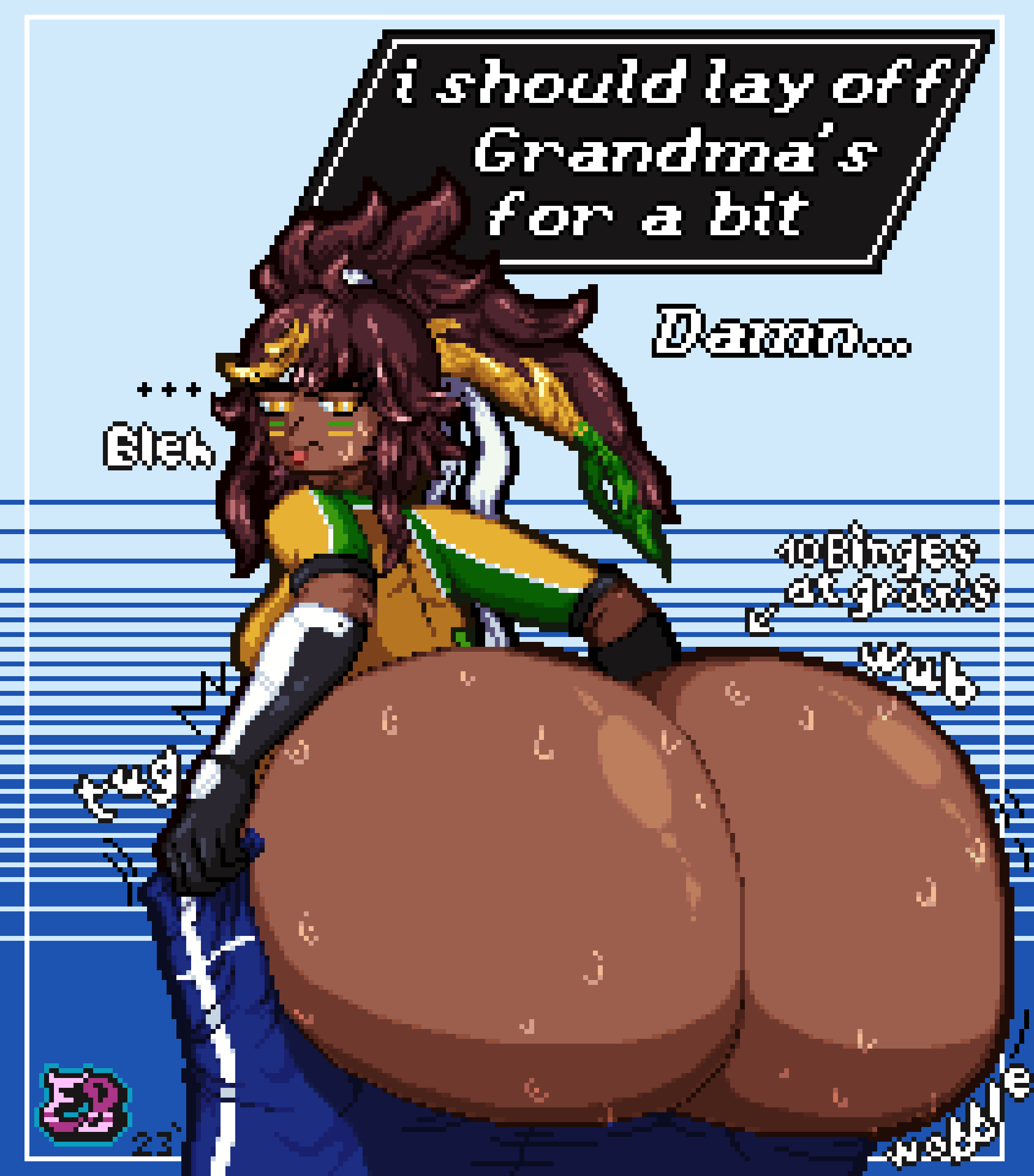 1girls ass ass_sweat brazilian brazilian_female brazilian_flag dark-skinned_female enderboneronni huge_ass juliette_(omega_strikers) omega_strikers onomatopoeia pixel_art sweat text tongue_out