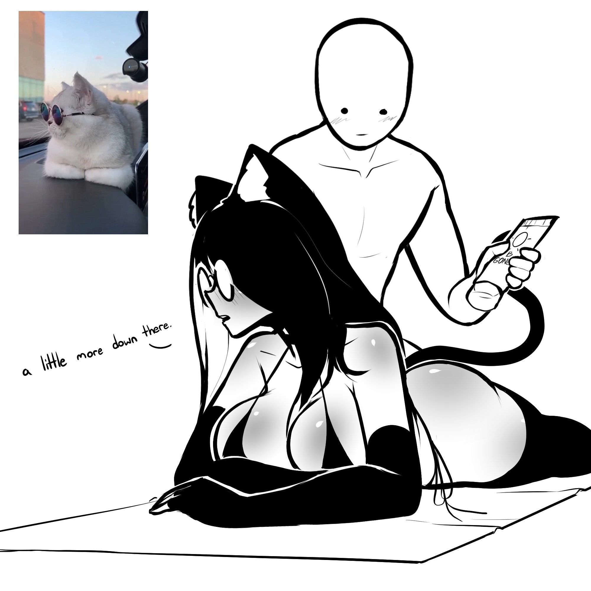1girls, 2024, animal ears, ass, bikini, black bikini, black hair, blush, breasts, cat ears, cat girl, cat tail, catgirl, catte (tekona), cleavage, elbow gloves, english text, female, fingerless gloves, glasses, gloves, long gloves, long hair, lying, on stomach, open mouth, original, sunscreen, tagme, tail, tekona, text, thighhighs, thighs