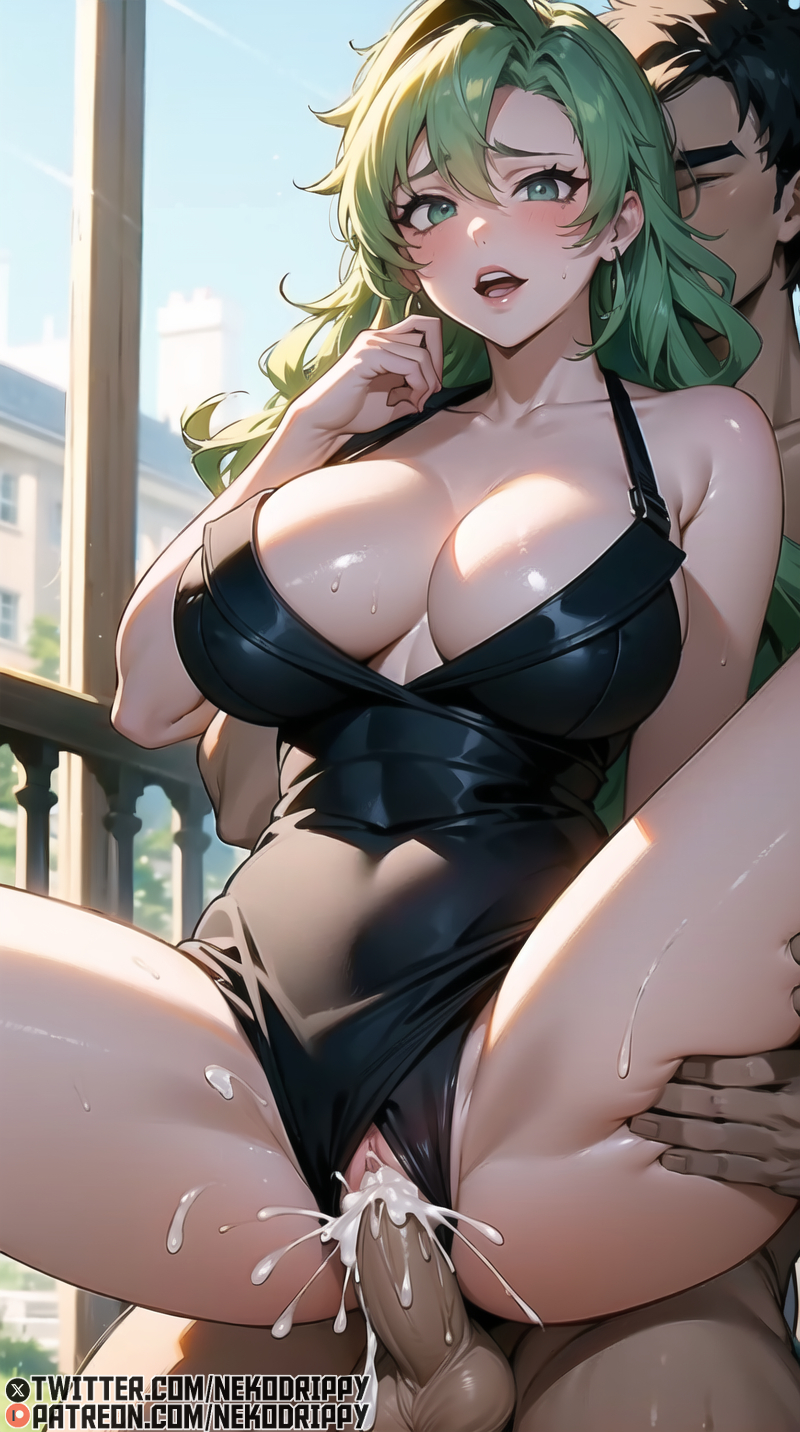 1boy, 1girls, 2024, ai generated, balls, big breasts, black swimsuit, bleach, bleach: the thousand-year blood war, blush, breasts, candice catnipp, cleavage, cum, cum in pussy, cum inside, cumming, cumming in pussy, cumming inside, cumming together, ejaculating cum, ejaculation, female, green eyes, green hair, highres, legs held open, long hair, looking at viewer, male, nekodrippy, open mouth, penis, pussy, quincy (bleach), reverse suspended congress, sex, sex from behind, spread legs, stable diffusion, swimsuit aside, vaginal penetration