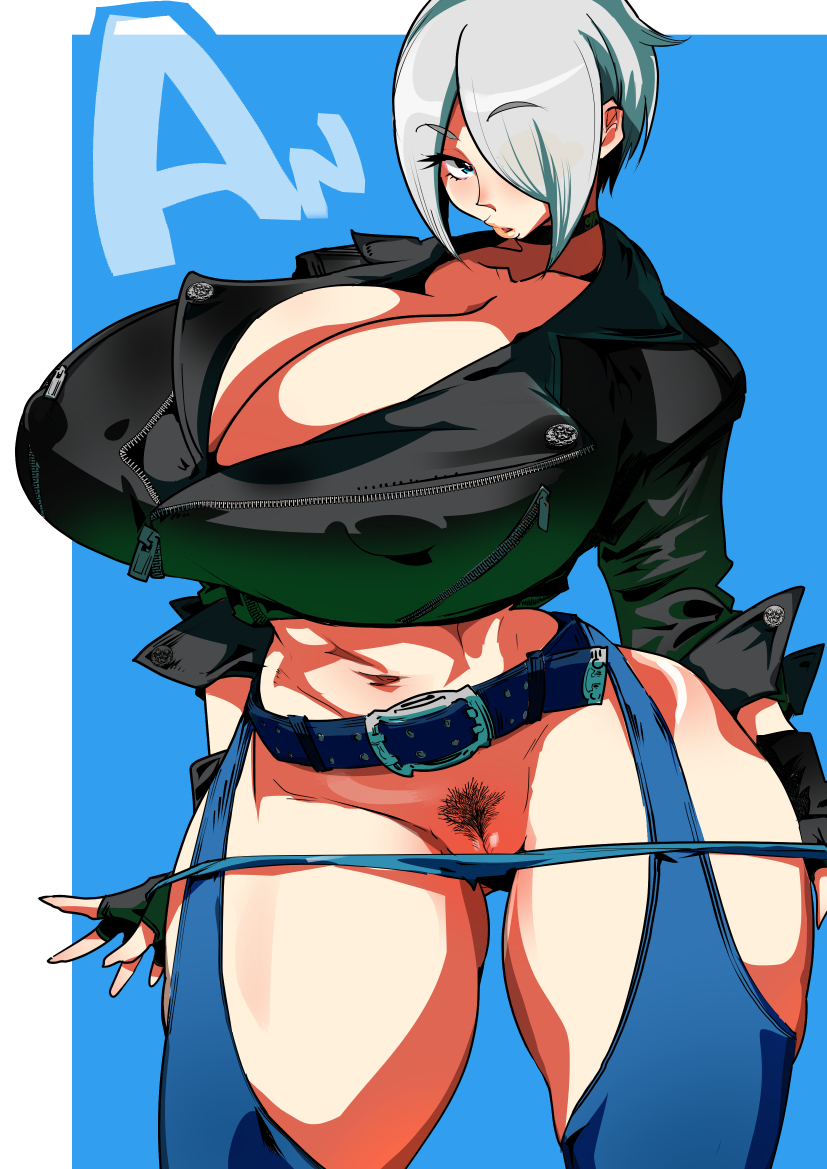 1girls angel_(kof) blue_eyes breasts_bigger_than_head cleavage female female_only hair_over_one_eye huge_breasts kemonono king_of_fighters looking_at_viewer nipple_bulge panties_down pubic_hair pussy snk solo thick_thighs undressing white_hair