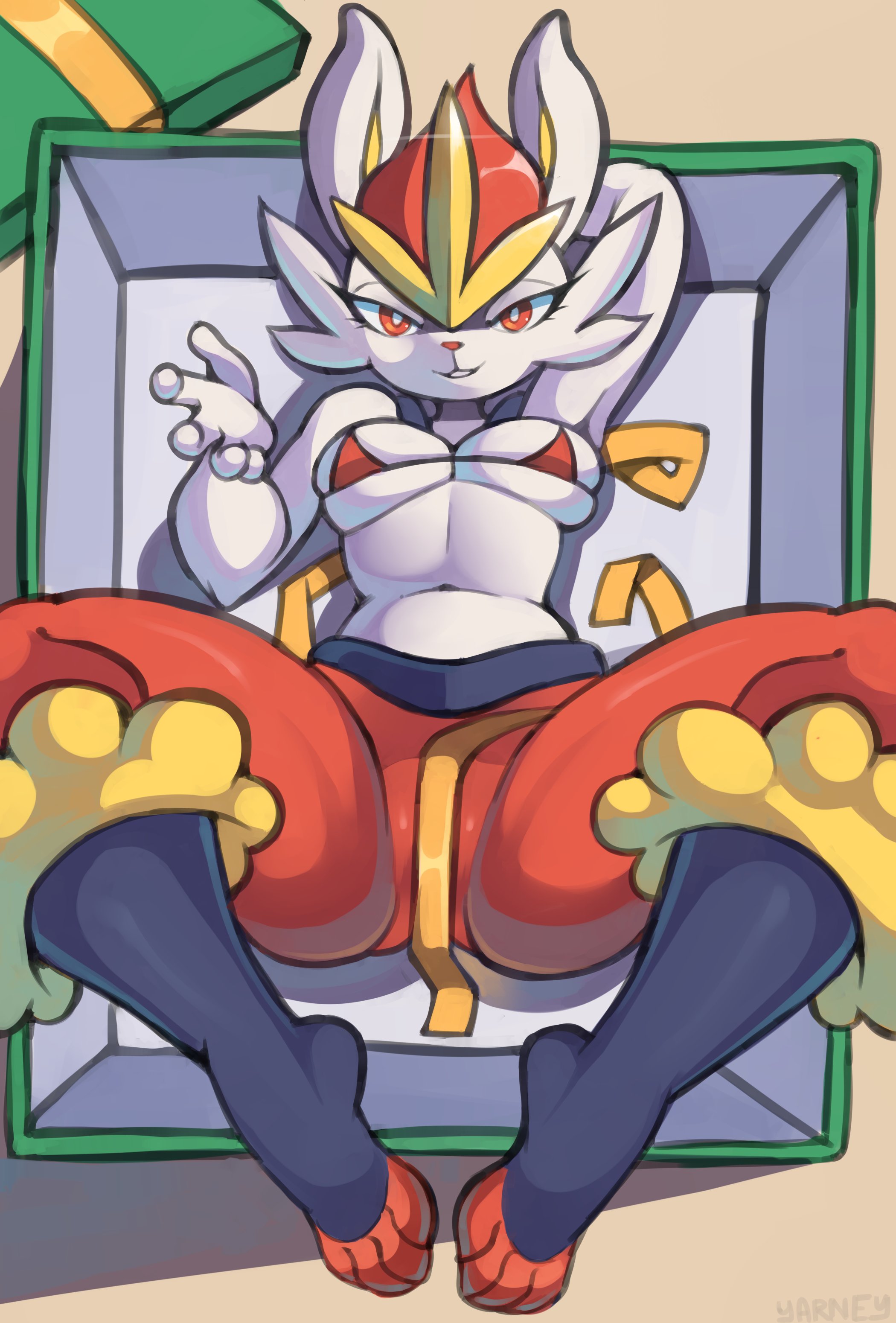 1girls, 2023, artyarney, bra, breast squish, breasts, bunny, bunny ears, bunny girl, cheek tuft, christmas, cinderace, eyelashes, female, female only, furry, furry only, generation 8 pokemon, gift, half-closed eyes, hand behind head, holidays, lagomorph, looking at viewer, medium breasts, navel, orange eyes, orange hair, pokémon (species), pokemon, pokemon (species), pokemon ss, pov, pov eye contact, reaching towards viewer, ribbon, signature, spread legs, teeth, white body, white fur