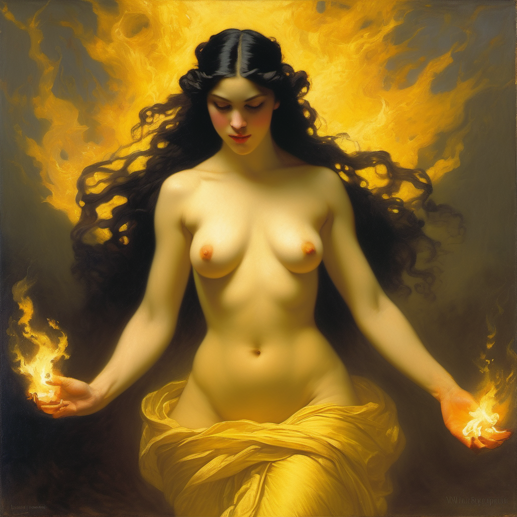 ai_generated belly black_hair breasts closed_eyes curvy fire long_hair looking_down navel nude pyrokinesis seductress small_breasts standing william_bouguereau