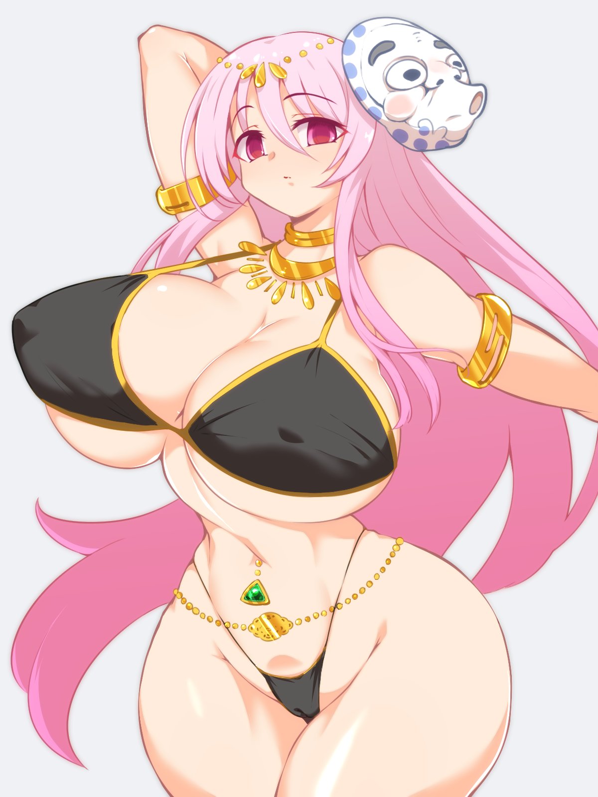 1girls big_breasts bikini breasts breasts_bigger_than_head cameltoe curvy female female_only hata_no_kokoro hourglass_figure huge_breasts hyottoko_mask jewelry large_breasts long_hair mask nipple_bulge pandain pink_eyes pink_hair simple_background solo solo_female touhou very_long_hair wide_hips