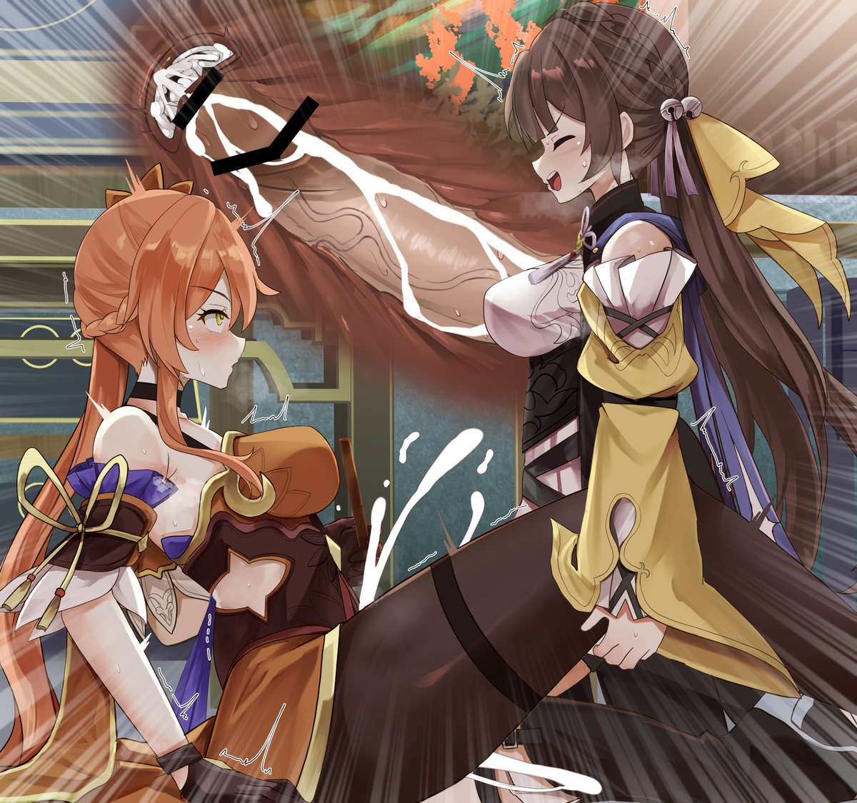 1futa, 1girls, bar censor, breasts, brown hair, censored, cervix, closed eyes smile, clothed, clothing, cross section, cum, cum in pussy, cum inside, detailed background, ejaculation, erection, female, futa on female, futanari, guinaifen (honkai: star rail), honkai (series), honkai: star rail, huge cock, human, intersex, light skin, light-skinned female, light-skinned futa, long hair, mostly clothed, orgasm, penis, pink hair, pussy, sex, side view, sushang (honkai: star rail), uterus, vaginal penetration, zad orein