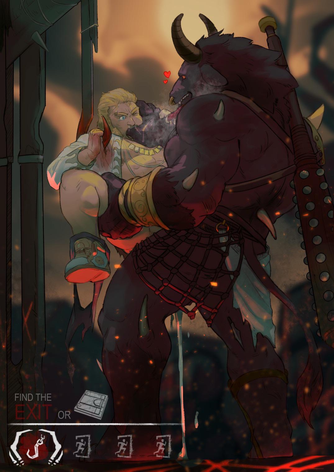 2boys, anal, anal sex, bovid, cum, curtis wuedti, david king, dead by daylight, fictional interracial, gay, human, interspecies, kazan yamaoka, male, male human/male anthro, male human/male monster, male only, male/male, minotaur, monster, penetration, size difference, standing, standing sex, suspended congress, the oni (dbd), yaoi