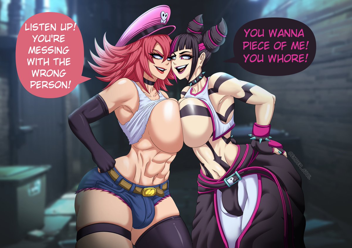 2futas, 2girls, abs, balls, bangs, big breasts, black hair, breast press, breasts, bulge, clothed, clothing, dialogue, duo, ember cool, english text, female, final fight, flaccid, futa on futa, futa only, futanari, human, human only, intersex, juri han, light skin, light-skinned futa, mammal, open mouth, partially clothed, penis, pink hair, poison (final fight), pushing breasts together, short hair, standing, street fighter, street fighter v, teeth, text, thighhighs, tongue