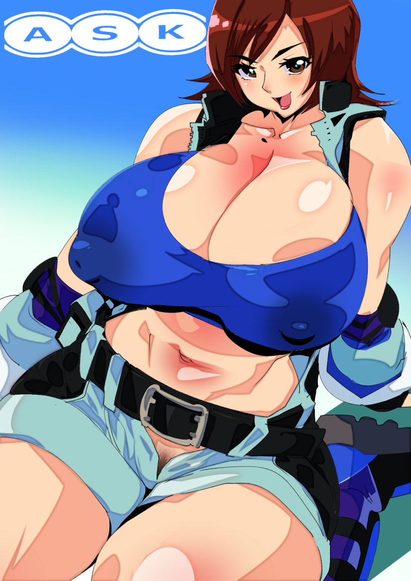 1girls big_breasts brown_eyes brown_hair cleavage clothing female female_only huge_breasts kazama_asuka kemonono looking_at_viewer nipple_bulge puffy_nipples smiling smiling_at_viewer solo tekken thick_thighs