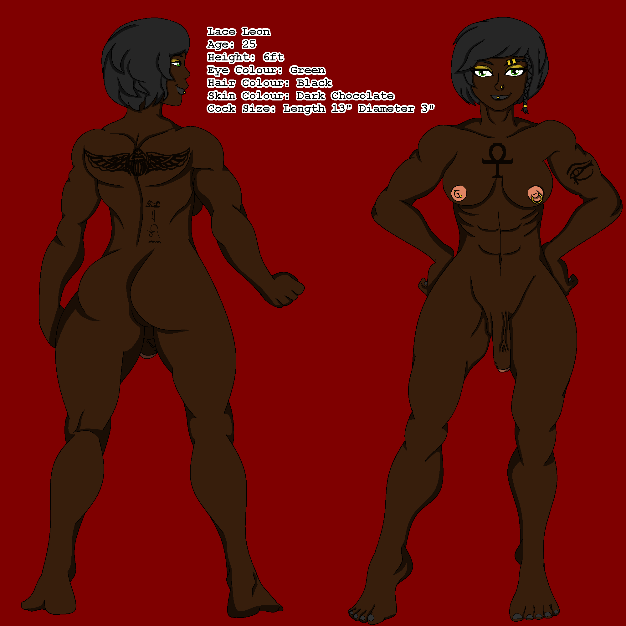 big_penis black_hair braid braided_ponytail cagedsissymika dark-skinned_female dark-skinned_futanari egyptian egyptian_makeup futanari green_eyes lace_leon(oc) large_breasts large_penis model_sheet muscular original_character pink_nipples tattoos