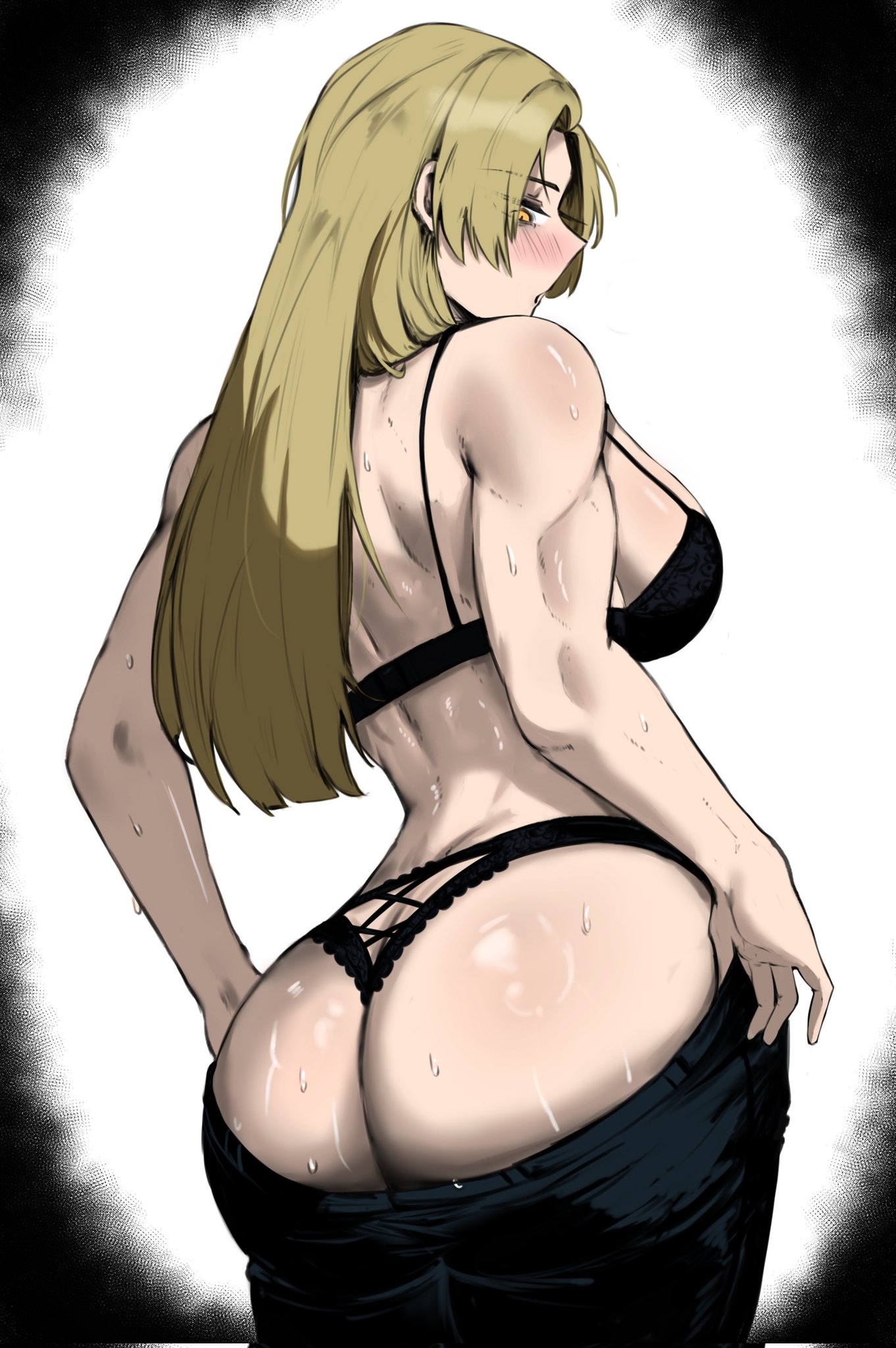 1girls, ass, big ass, big butt, big penis, blonde hair, blonde-haired female, blush, bodily fluids, bra, breasts, female, gonzalo costa, jujutsu kaisen, large ass, large breasts, long hair, looking back, male, masoq095, panties, penis, sweat, sweatdrop, sweaty ass, sweaty butt, thick thighs, thighs, wide hips, yellow eyes, yuki tsukumo