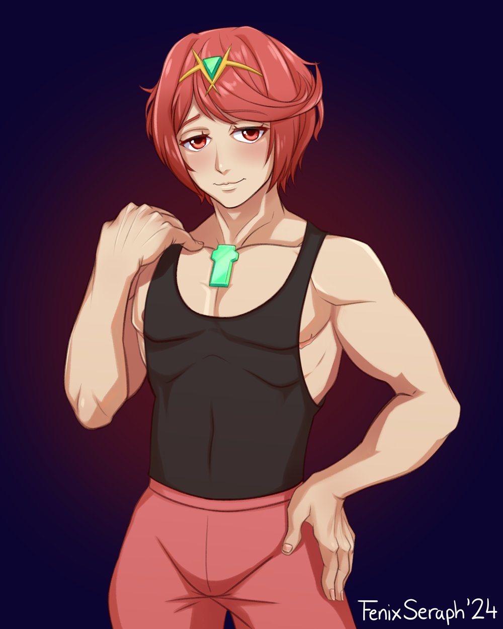 alternate_hairstyle chest_jewel core_crystal core_crystal_(xenoblade) cuntboy fenixseraph furrowed_brow furrowed_eyebrows genderswap genderswap_(fti) hair_ornament half-closed_eyes intersex mastectomy_scar muscular muscular_cuntboy pecs pectorals post_operation pyra pyra_(xenoblade) raised_eyebrows seraphic_folly short_hair shorts smile tank_top tiara xenoblade_(series) xenoblade_chronicles_2